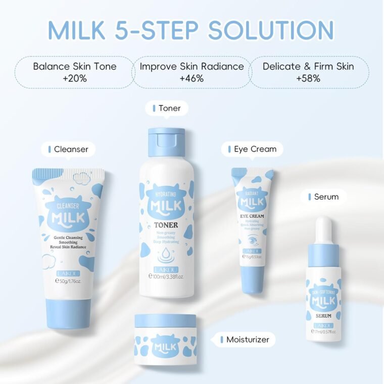 LAIKOU Milk Skincare Set, Nourishing Skin Care Sets & Kits Cleanser, Toner, Serum, Eye Cream & Moisturizer, Pamper Gift Set for Teenage Girls Women, Birthday Christmas Gift, Travel Sized, 5PCS - Image 5