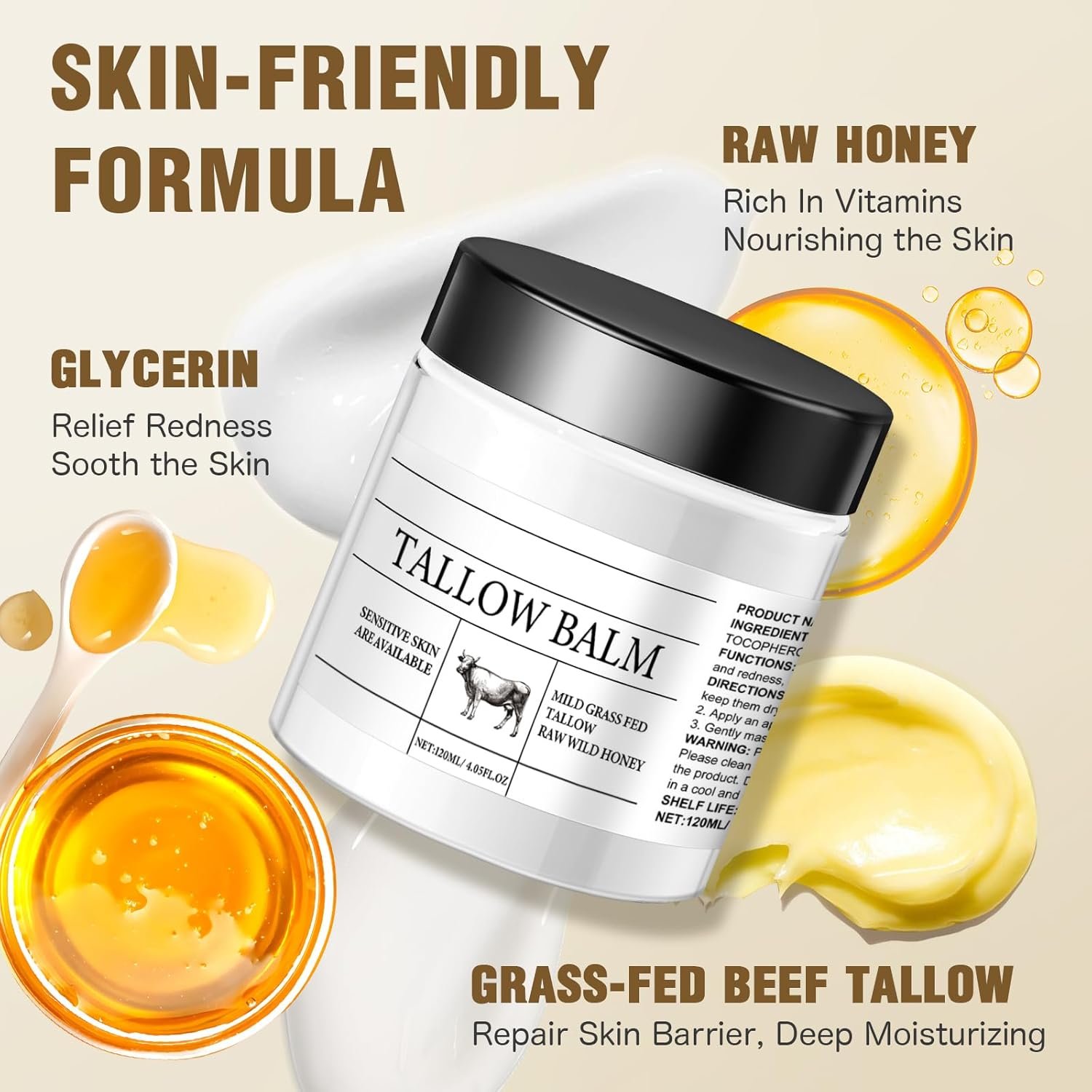 Beef Tallow Skin Care 120g, Tallow Face Cream Grass-Fed Tallow And Honey Balm Natural Beef Tallow Honey Balm, Deeply Nourishing For Face & Body, Natural Skin Care (White, 1PC) - Image 2