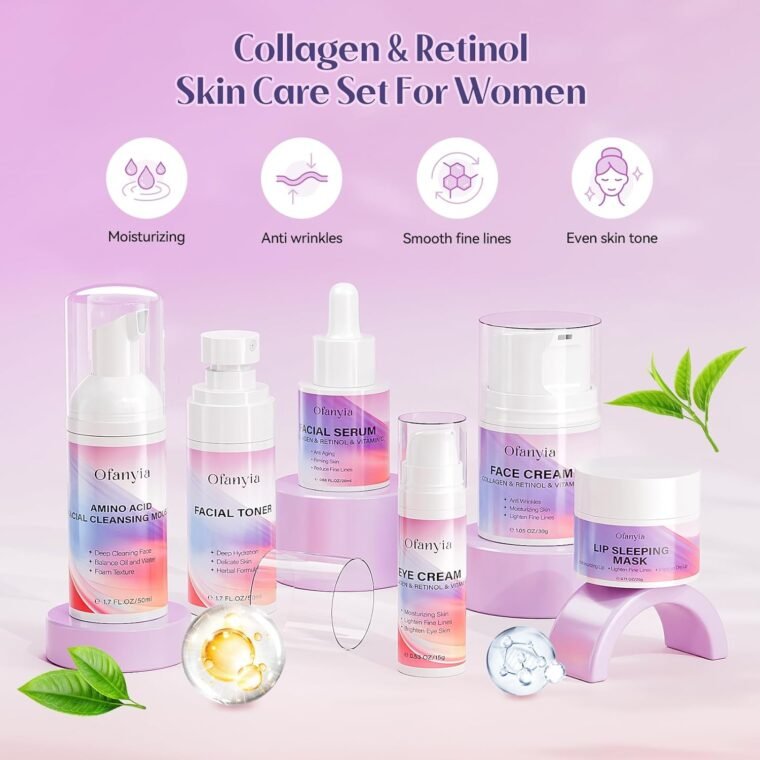 Ofanyia Collagen & Retinol Skin Care Set, 6 In 1 Skincare Gift Set with Facial Cleanser, Toner, Serum, Cream, Eye Cream & Lip Mask, Anti-Aging Travel Size Skin Care Set - Image 2
