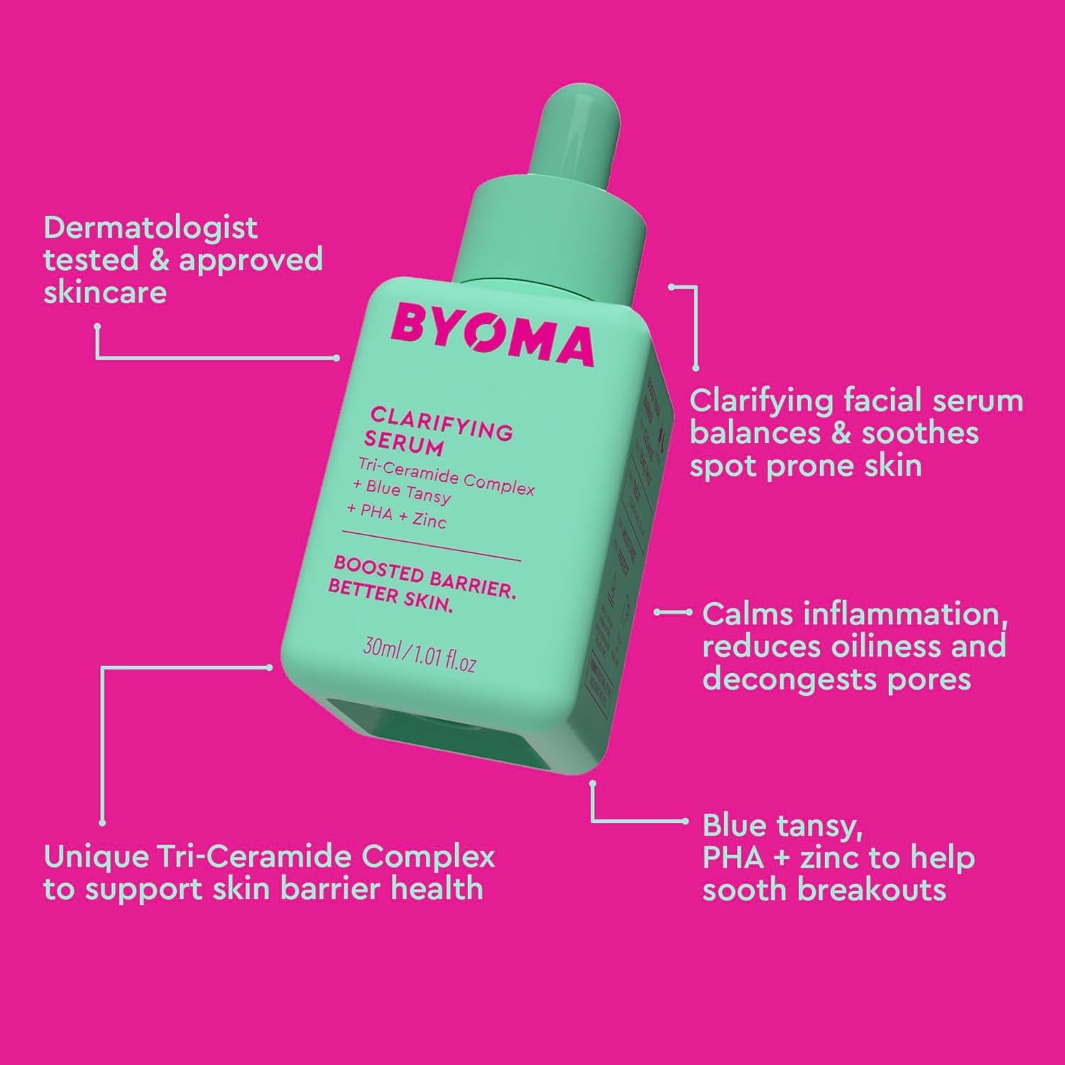 BYOMA Clarifying Serum (30ml) Barrier Repair Facial Serum for Acne Prone Skin, with Ceramides, Blue Tansy, PHA and Zinc for a Balanced and Healthy Skin - Image 4