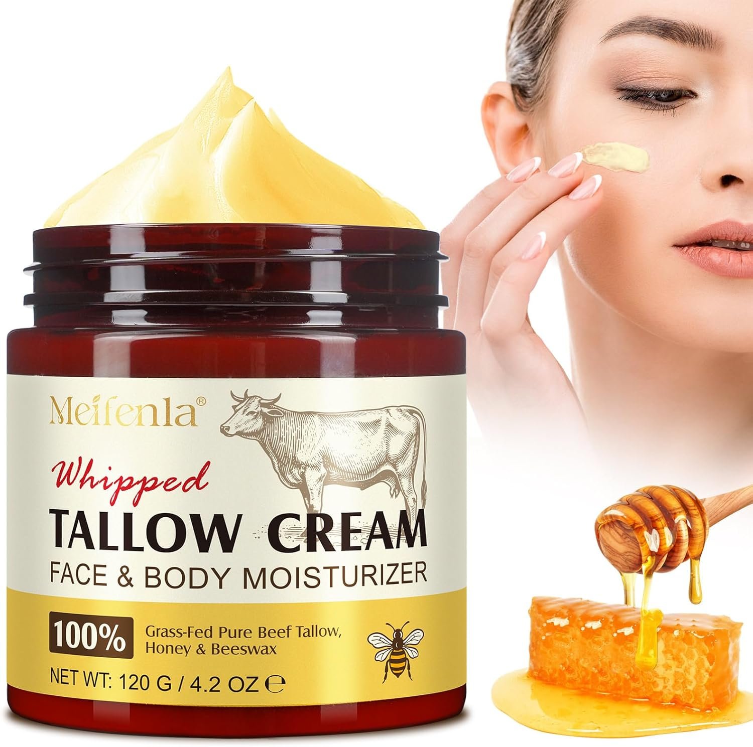 Beef Tallow for Skin,Meifenla Tallow and Honey Cream Natural Tallow Face Moisturizer, Organic Hydrating Beef Tallow Balm Deeply Moisturizing for Face & Body Skin Care