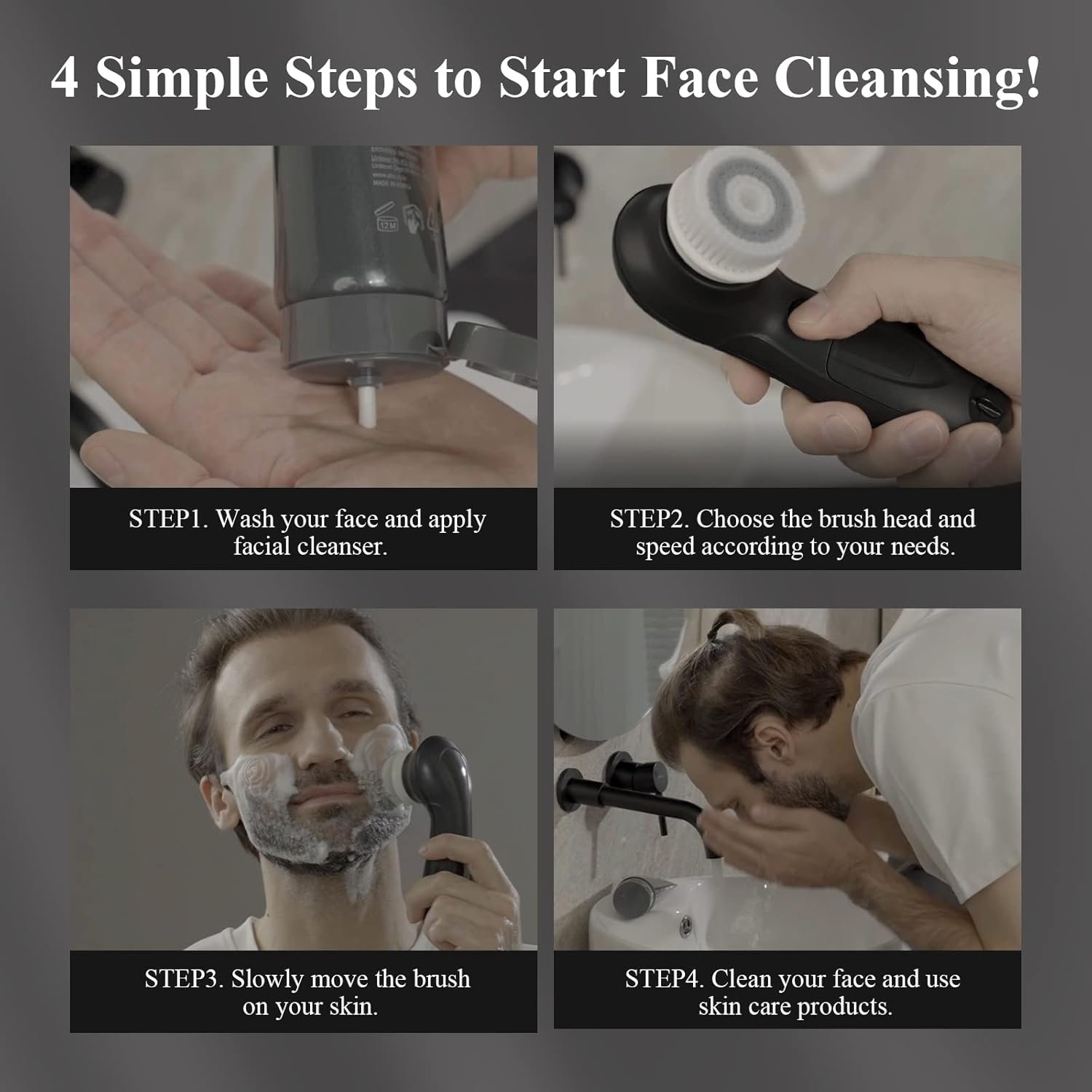 TOUCHBeauty Facial Cleansing Brush for Men, Face Cleansing Brush Electric with Stand, 3 Brush Heads, 2 Speeds, IPX5 Waterproof, Battery-Powered, Suitable for All Skin Types, AG-0759M - Image 7