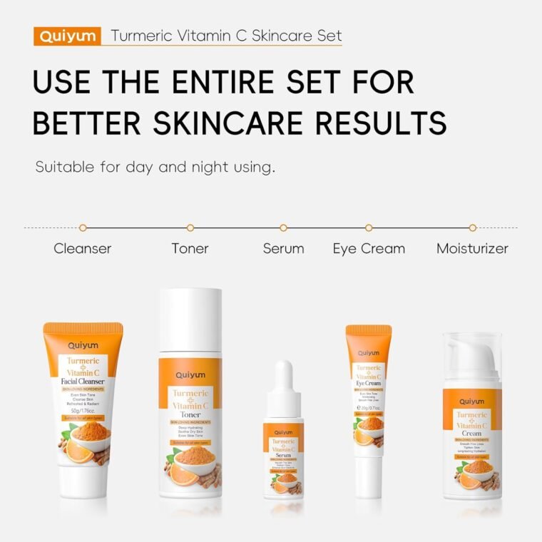 Quiyum Turmeric Vitamin C Skincare Set, Face Skin Care Sets & Kits Facial Cleanser,Toner,Serum,Eye Cream,Face Cream, Pamper Gift Set for Women Teenage Girls Mom Birthday, Travel Kit for All Skin Types - Image 9