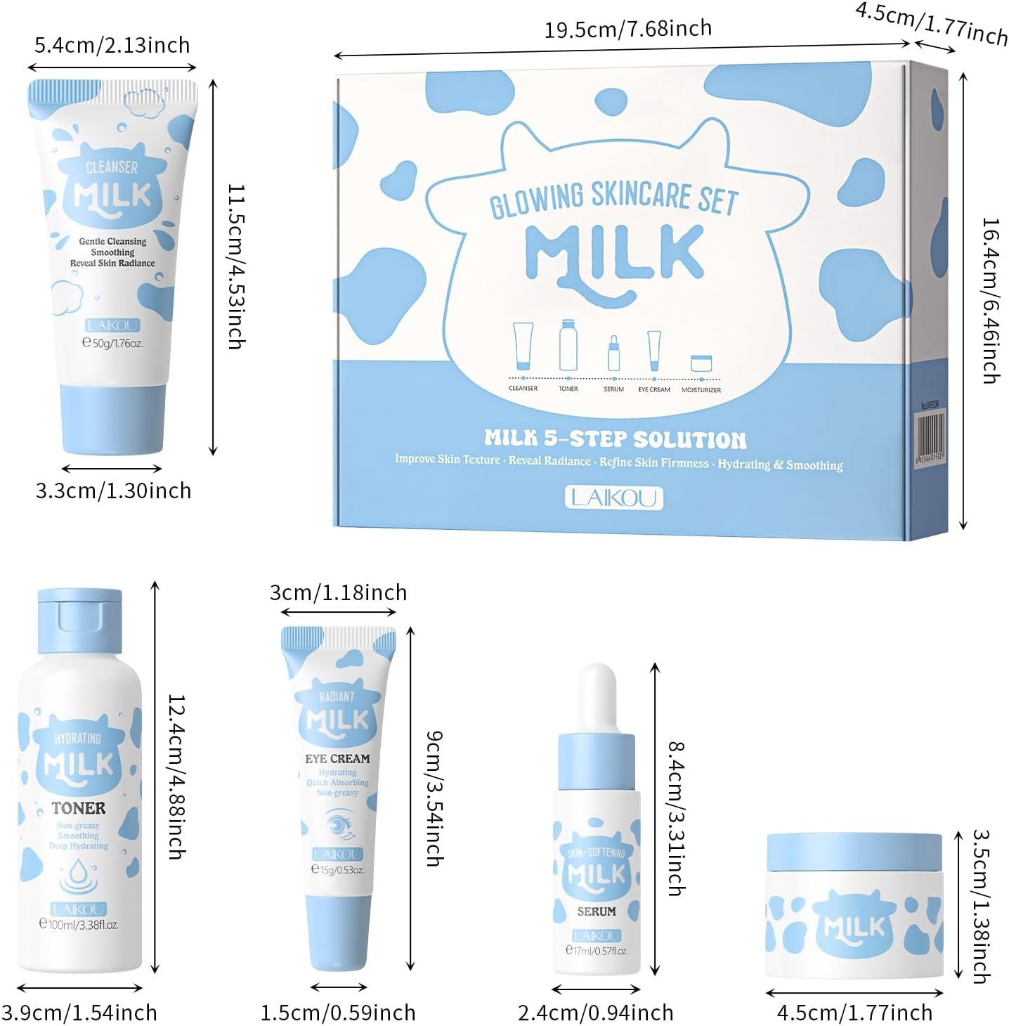 LAIKOU Milk Skincare Set, Nourishing Skin Care Sets & Kits Cleanser, Toner, Serum, Eye Cream & Moisturizer, Pamper Gift Set for Teenage Girls Women, Birthday Christmas Gift, Travel Sized, 5PCS - Image 10