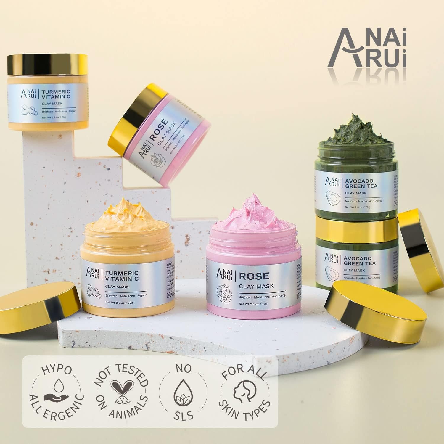 ANAiRUi Clay Mask Set for Skin Care - included Turmeric Vitamin C + Rose + Avocado Green Tea Face Mask - Deep Cleansing, Hydrating, and Nourishing - For Women and Men, 210g - Image 6