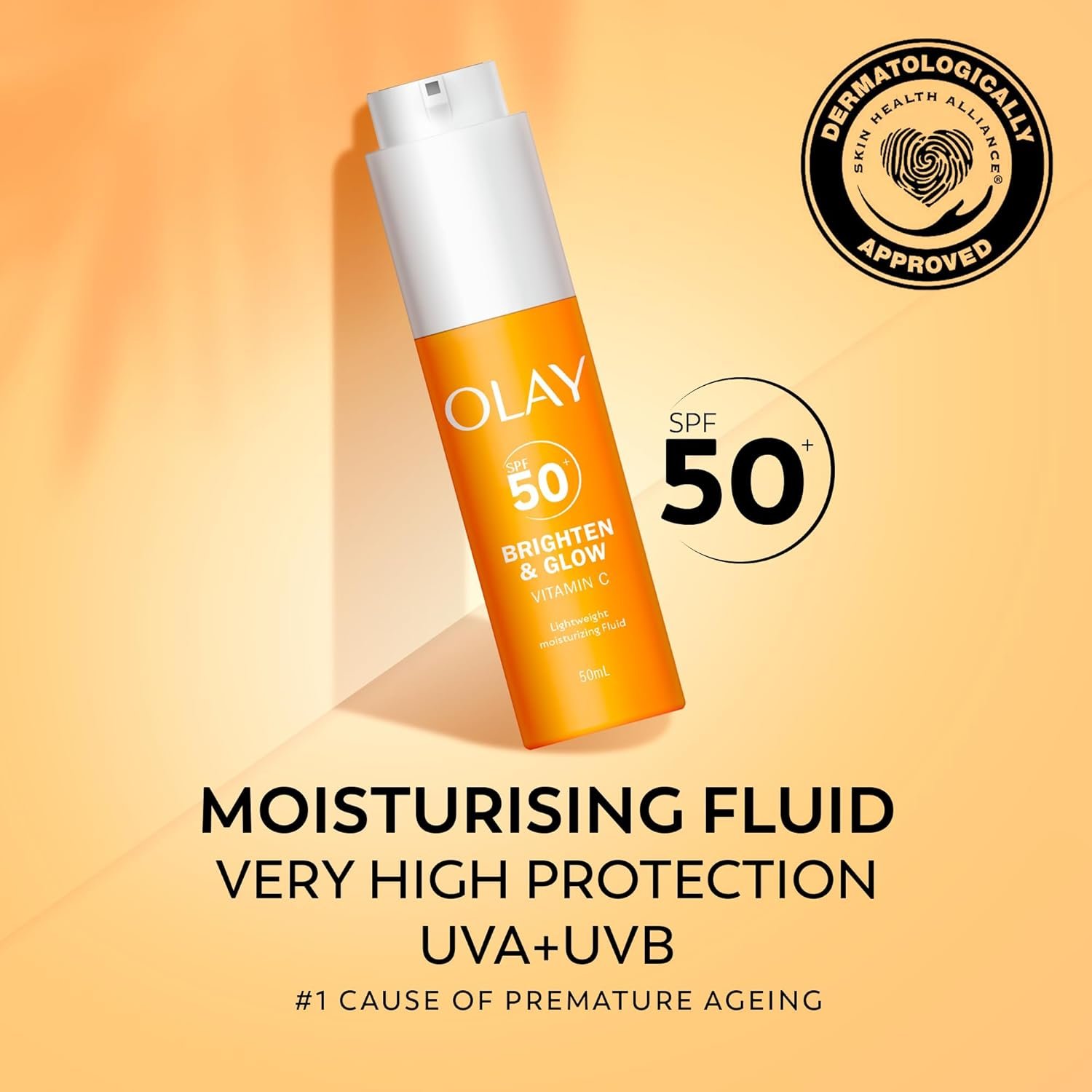 Olay Vitamin C Brighten & Glow 3in1 Moisturising Fluid SPF50+ Hydrating Skincare Moisturiser and Primer with Niacinamide, Provides Hydration, Glow, UV Protection, and Helps Correct Dark Spots, 50ml - Image 3