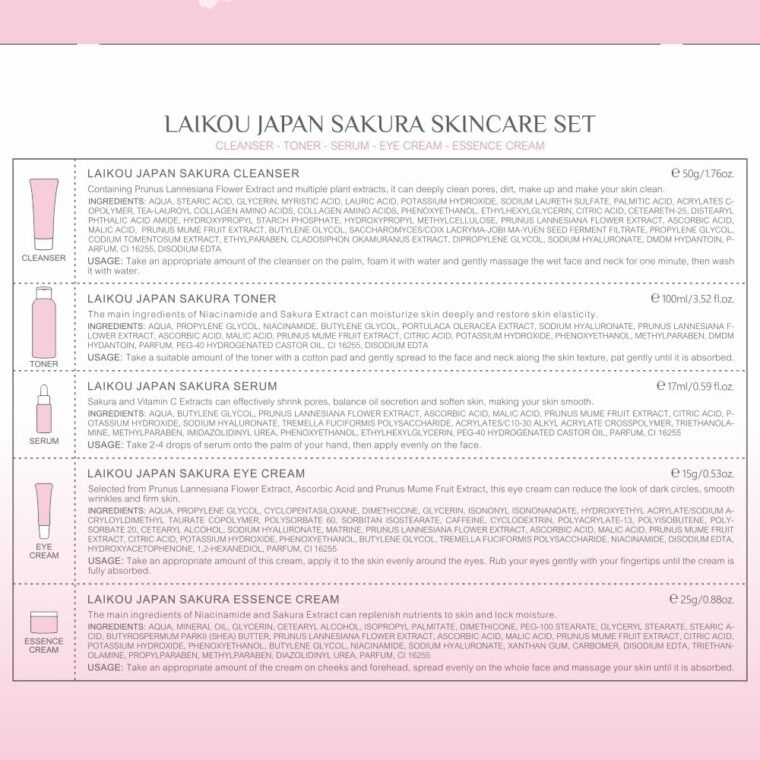 LAIKOU SkinCare Set, JAPAN Sakura Skin Care Sets & Kits - Cleanser,Toner,Face Serum,Eye Cream,Face Cream, Gift Set for Teenage Girls Women Mom Daughter Birthday, Travel Kit for All Skin Types, 5pcs - Image 8