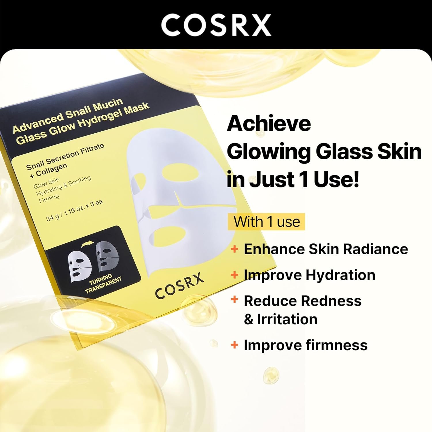 COSRX Advanced Snail Mucin Glass Glow Hydrogel Face Masks Skincare, Collagen Mask, Overnight Peel Off Korean Face Mask for Hydration Boost, Glass Skin Face Mask Korean Skincare, Pack of 3 - Image 3