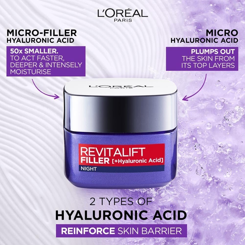 L’Oréal Paris Revitalift Filler Replumping Anti-Ageing Night Cream, Smooth Wrinkles, Moisturise, and Replumps Skin with Micro and Micro-Epidermic Hyaluronic Acid, 50ml - Image 3