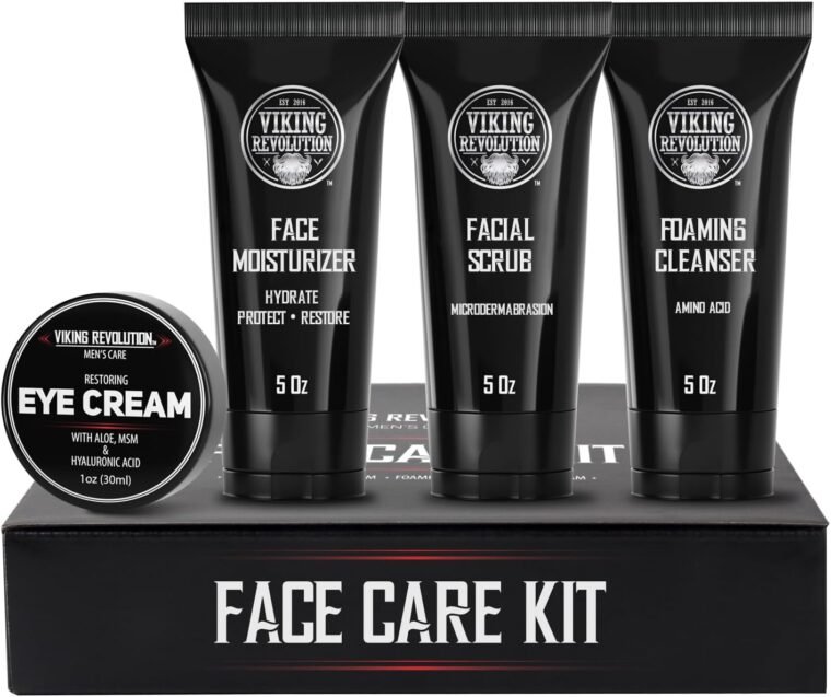 Viking Revolution - Mens Skincare Kit - Includes (148ml Each) Mens Face Moisturiser, Mens Face Wash, Mens Face Scrub and Mens Eye Cream (30ml) - Mens Skincare Gift Set - Gifts For Men