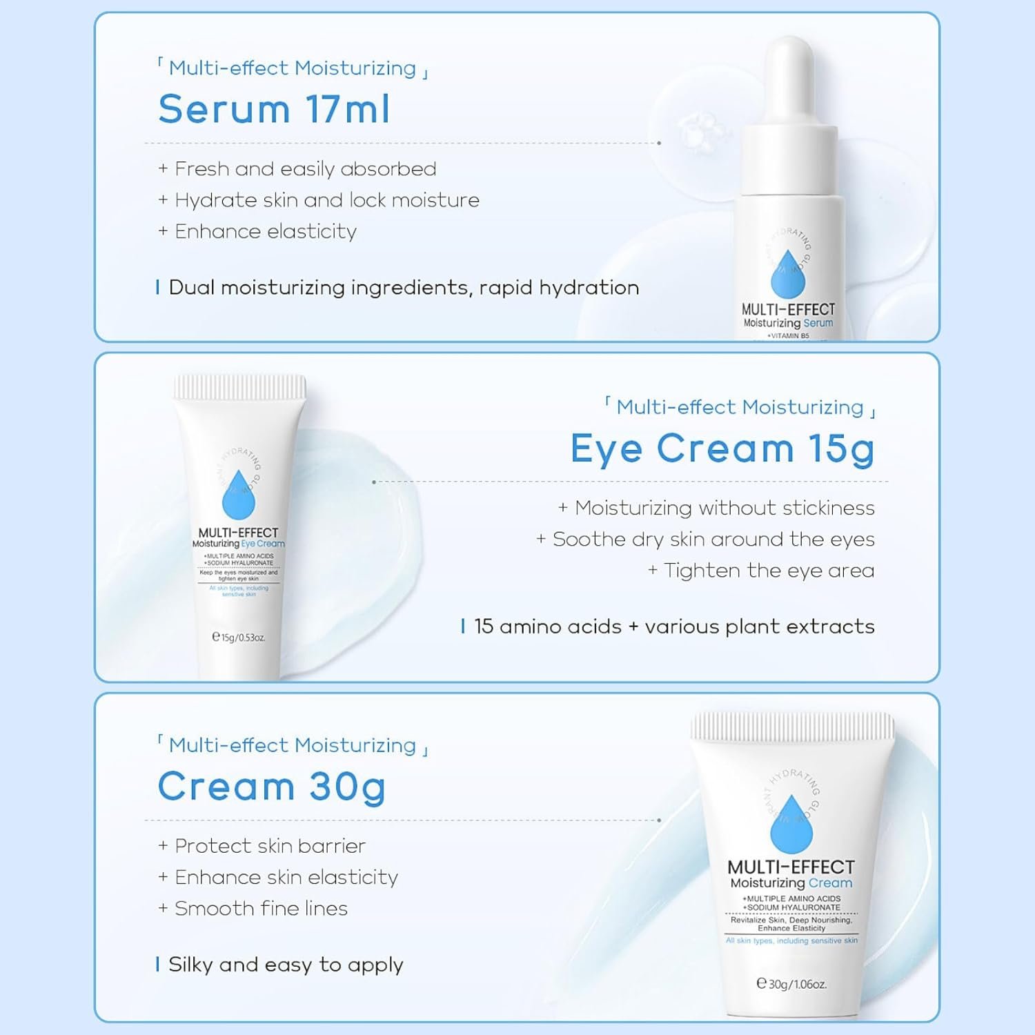Multi-Effect Moisturizing Skincare Set, Hyaluronic Acid Hydrating Skin Care Sets & Kits, Pamper Sets for Women Gifts, Travel Facial Kit with Serum,Eye Cream,Moisturizer, All Skin Types - Image 3