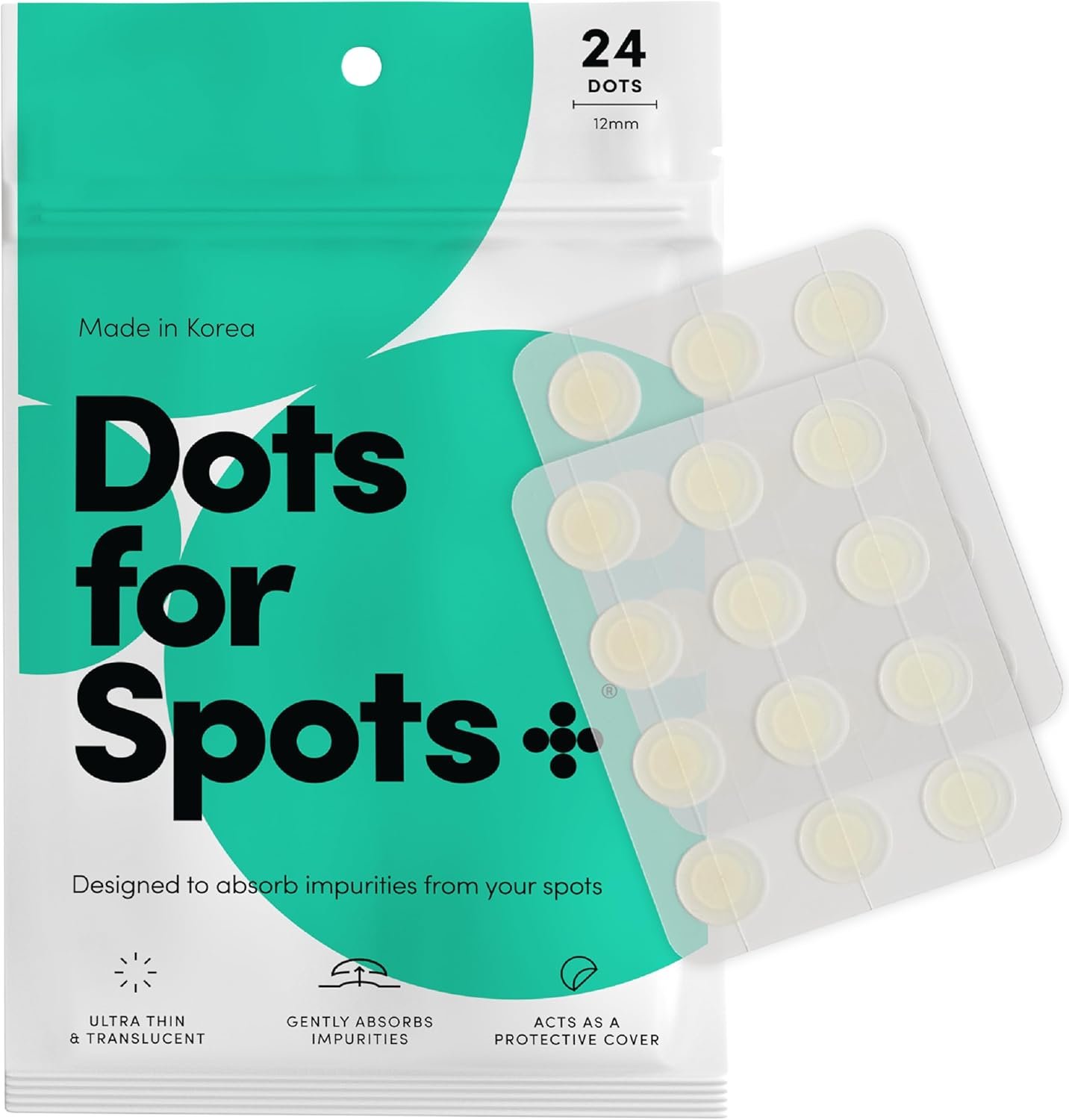 Dots for Spots Pimple Patches - Pack of 24 Translucent Hydrocolloid Spot Treatment Stickers for Face - Fast-Acting, Vegan & Cruelty Free - Korean Skin Care