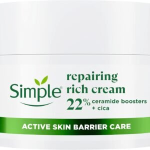 Simple Repairing Rich Face Cream facial moisturiser with 22% ceramide boosters, organic cica and provitamin B5 for a stronger skin barrier repairs and replenishes very dry, sensitive skin 50 ml