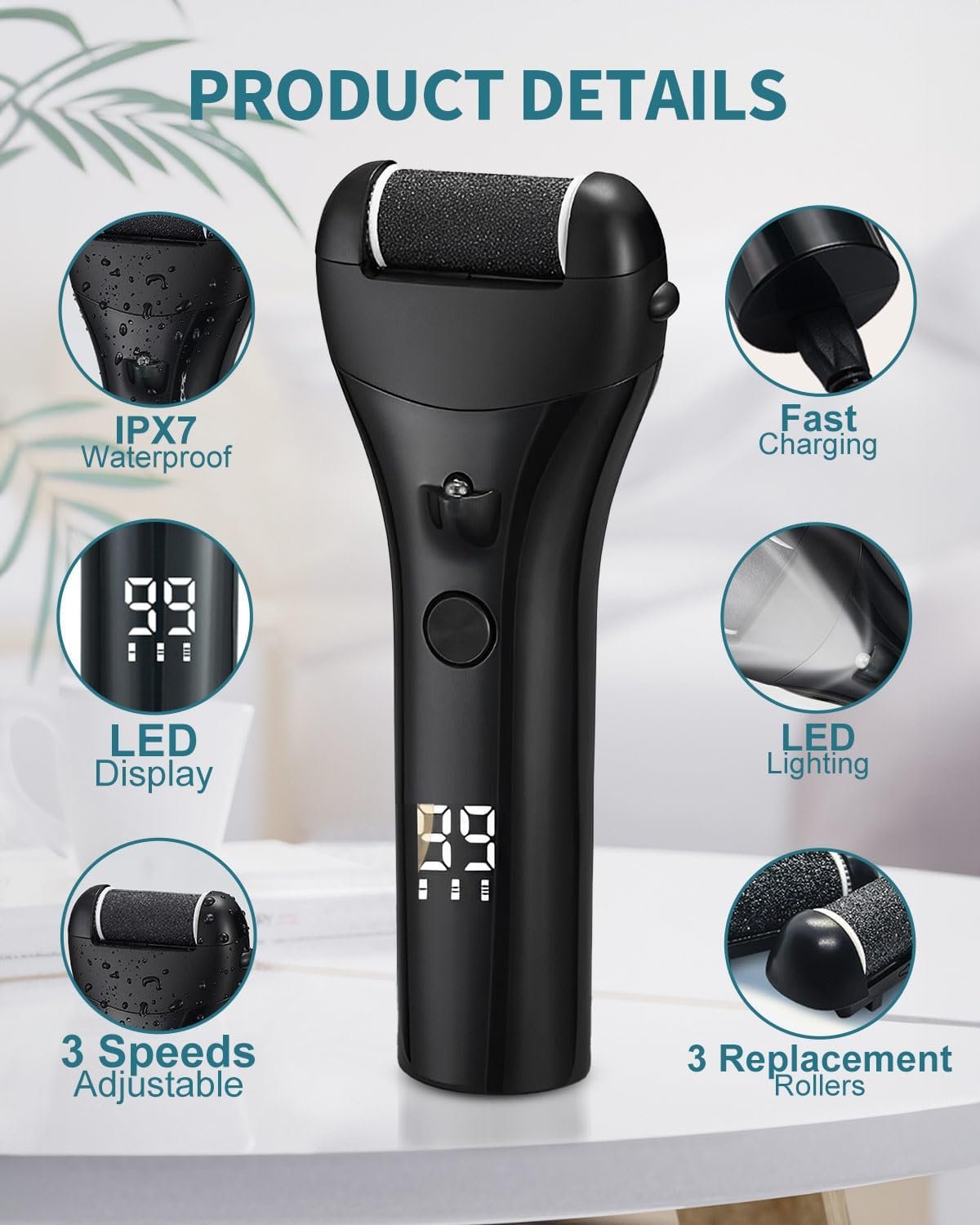 15 in 1 Electric Foot File for Hard Skin, Rechargeable Foot Callus Remover with 3 Roller Heads, LED Display & 3 Speed, Foot Care Kit with Storage Bag for Dry Dead Skin Cracked Heels Calluses - Image 3