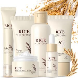 Rice Skin Care Set - 6 Piece Pamper Gifts For Women: Rice Milky Toner, Cleanser, Glow Serum, Face Cream, Eye Cream, Sunscreen SPF 50+ - Radiant Glow, Sensitive Skin Relief & Even Tone, Korean Skincare