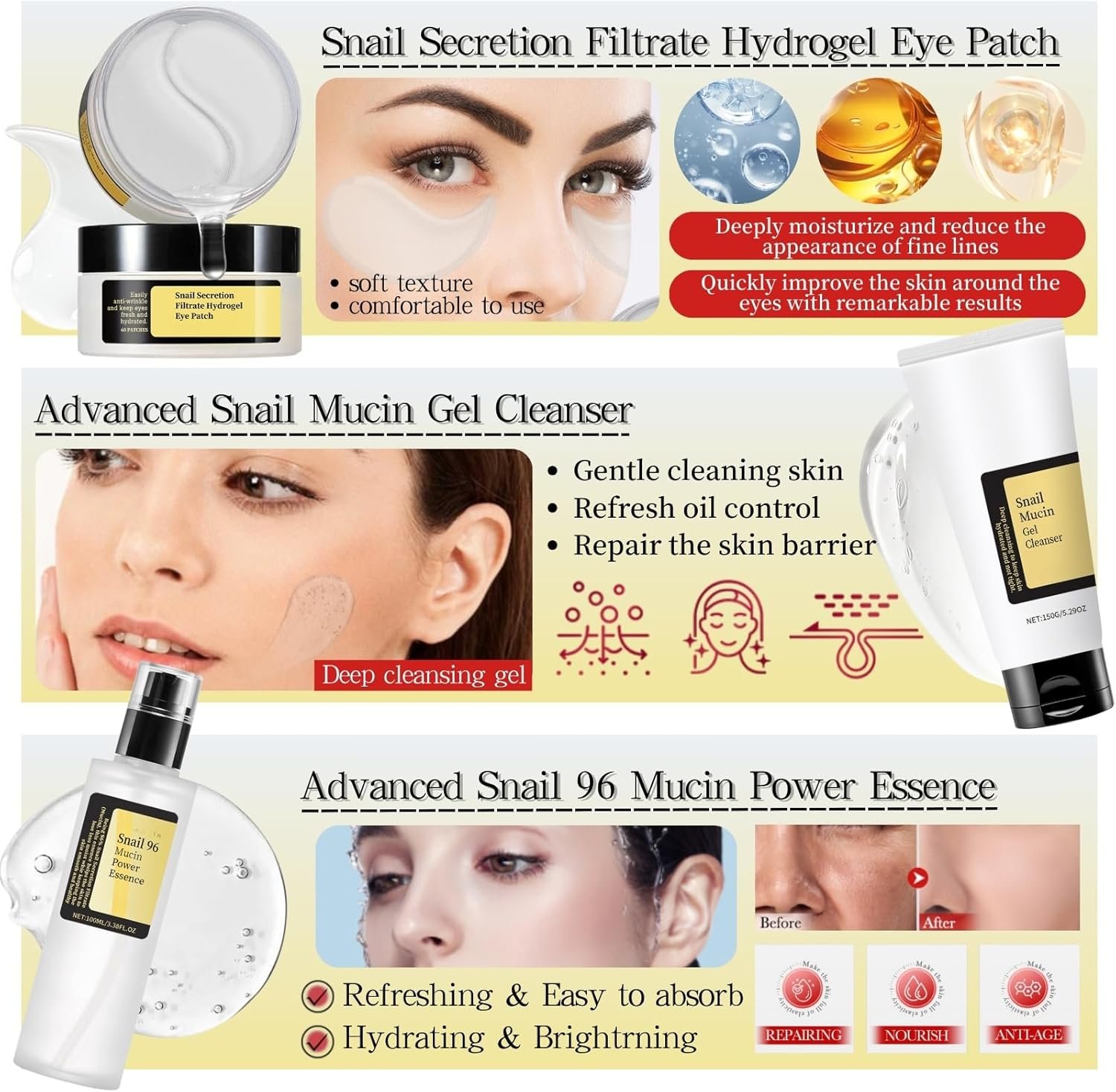 9PCS Snail Mucin Serum Skin Care Set - Mothers Day Gifts - Korean Skincare Set for Teenage Girls - Pamper Sets for Women With Snail Mucin Moisturiser & Hydrogel Eye Patches & Collagen Face Mask - Image 3