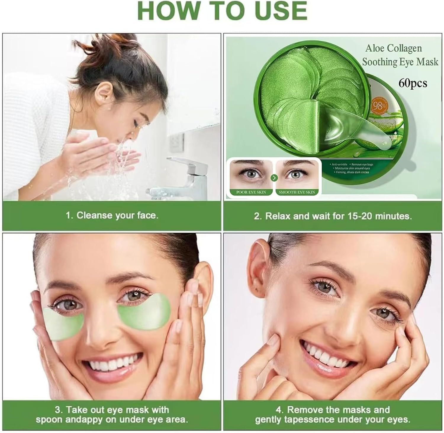 60Pcs Under Eye Patches, Aloe Vera Gel Eye Mask Skin Care, Hyaluronic Acid Collagen Eye Gel Pads for Puffy Eyes Dark Circles Eye Bags, Anti Wrinkle, Hydrating,Skincare,for Men and Women - Image 7