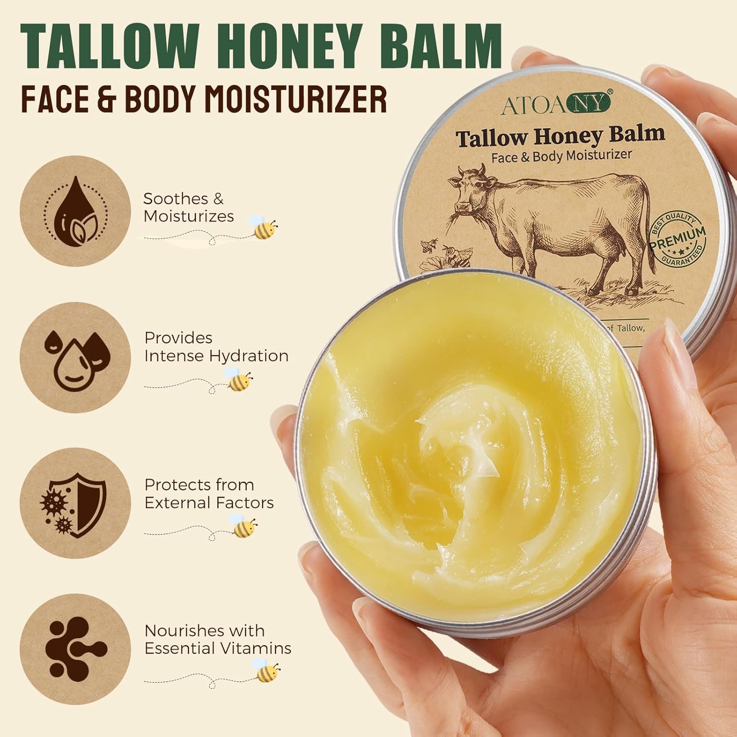 Tallow and Honey Balm, Deeply Moisturizing for Face & Body, Tallow Face Moisturizer, Grass-Fed Beef Tallow for Skin, Soothing All-Natural Moisturizer for Dry and Sensitive Skin, 2.5 oz - Image 3