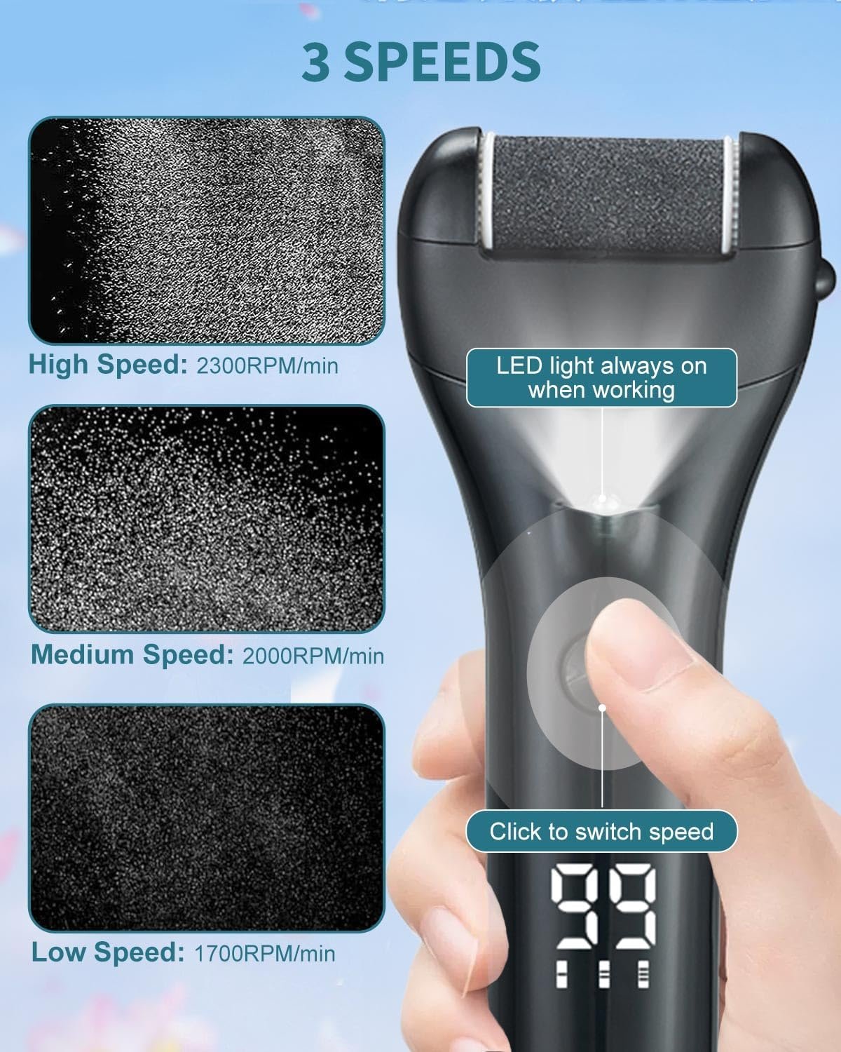 15 in 1 Electric Foot File for Hard Skin, Rechargeable Foot Callus Remover with 3 Roller Heads, LED Display & 3 Speed, Foot Care Kit with Storage Bag for Dry Dead Skin Cracked Heels Calluses - Image 4