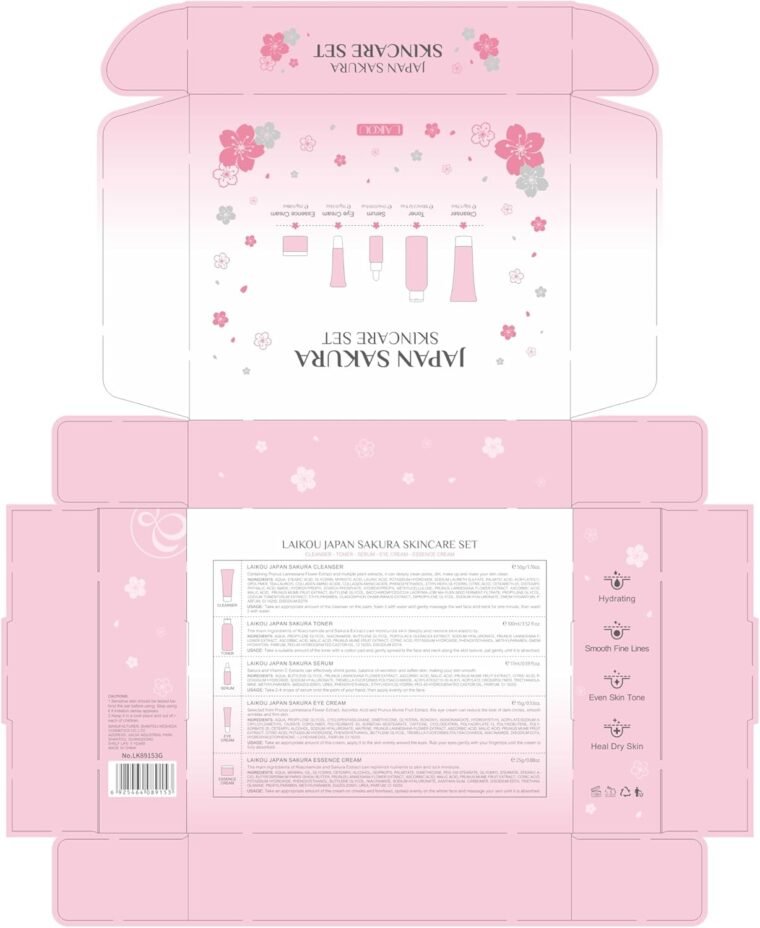LAIKOU SkinCare Set, JAPAN Sakura Skin Care Sets & Kits - Cleanser,Toner,Face Serum,Eye Cream,Face Cream, Gift Set for Teenage Girls Women Mom Daughter Birthday, Travel Kit for All Skin Types, 5pcs - Image 7