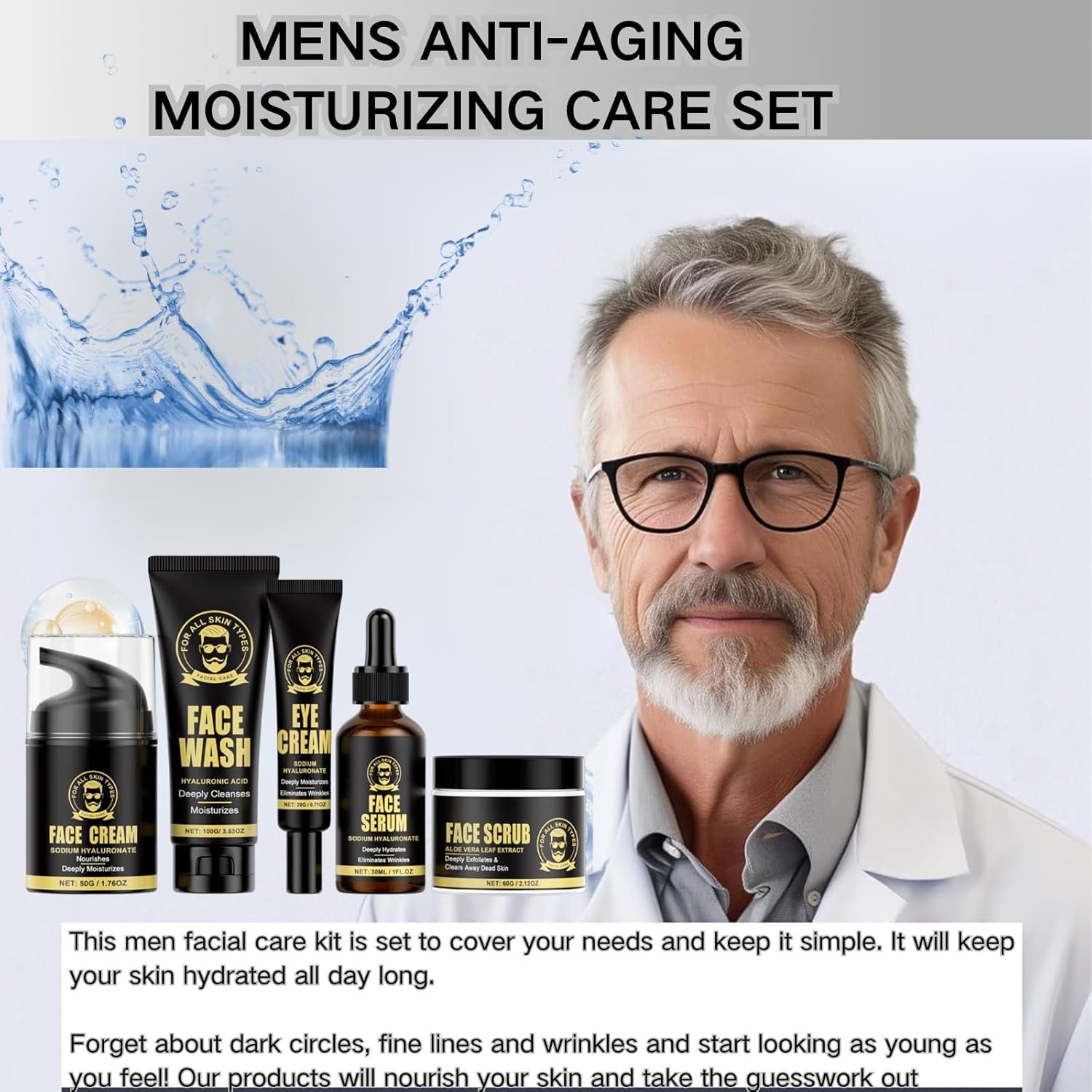 5PCS Men's Anti-Aging Care Set - Mens Skin Care Sets & Kits - Mens Face Cream, Face Wash & Scrub, Eye Cream, Anti Wrinkle Serum- Gifts for Men -Moisturiser For Men Day & Night - Image 2