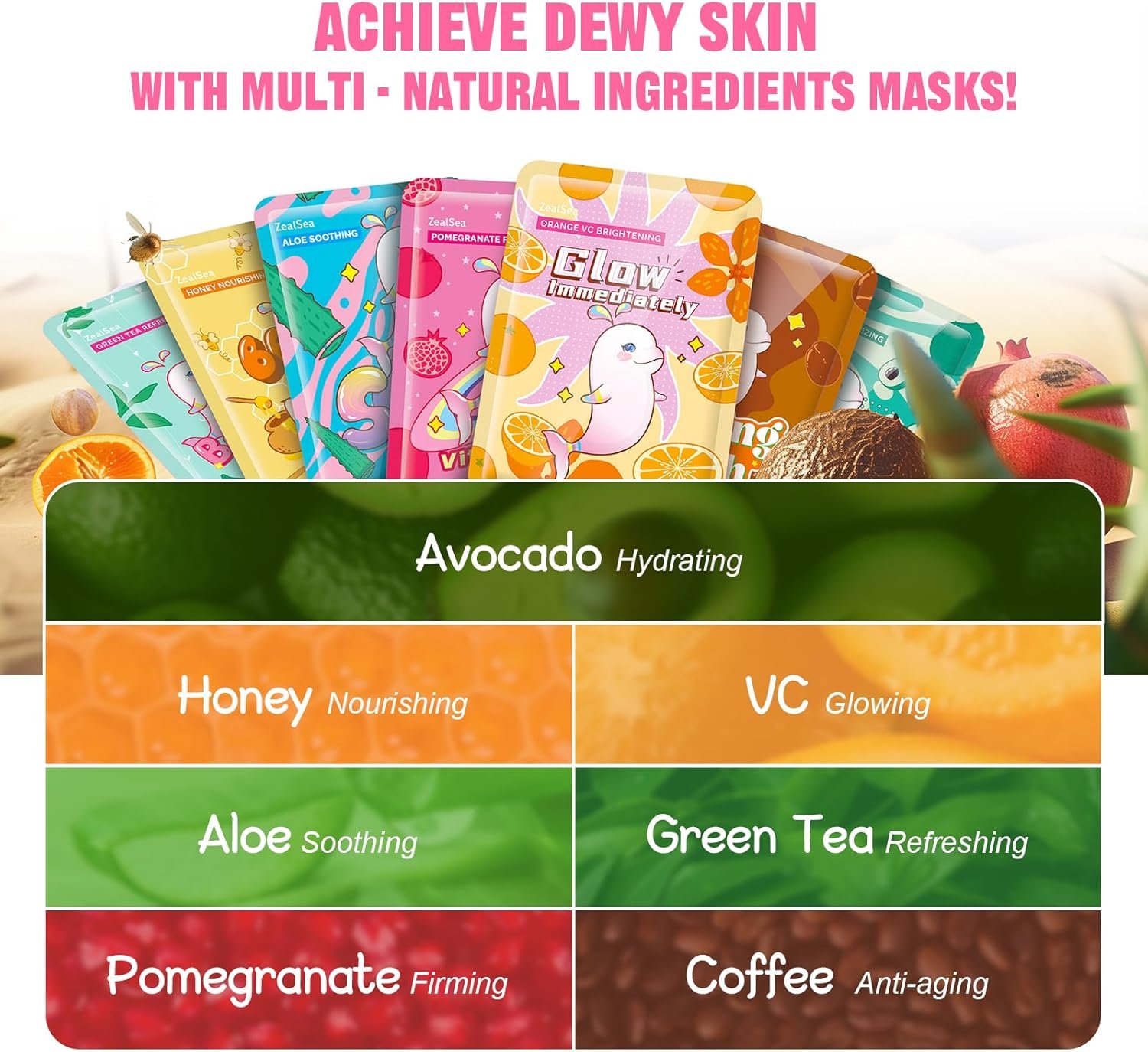 Face Masks Skincare, Face Mask Beauty, Hydrating Facial Masks, Zealsea Natural Sheet Mask, Pamper Gifts for Women, Party Birthday Gifts for Teenage Girls Kids, Biodegradable Sheets, Moisturizing 7pcs - Image 4