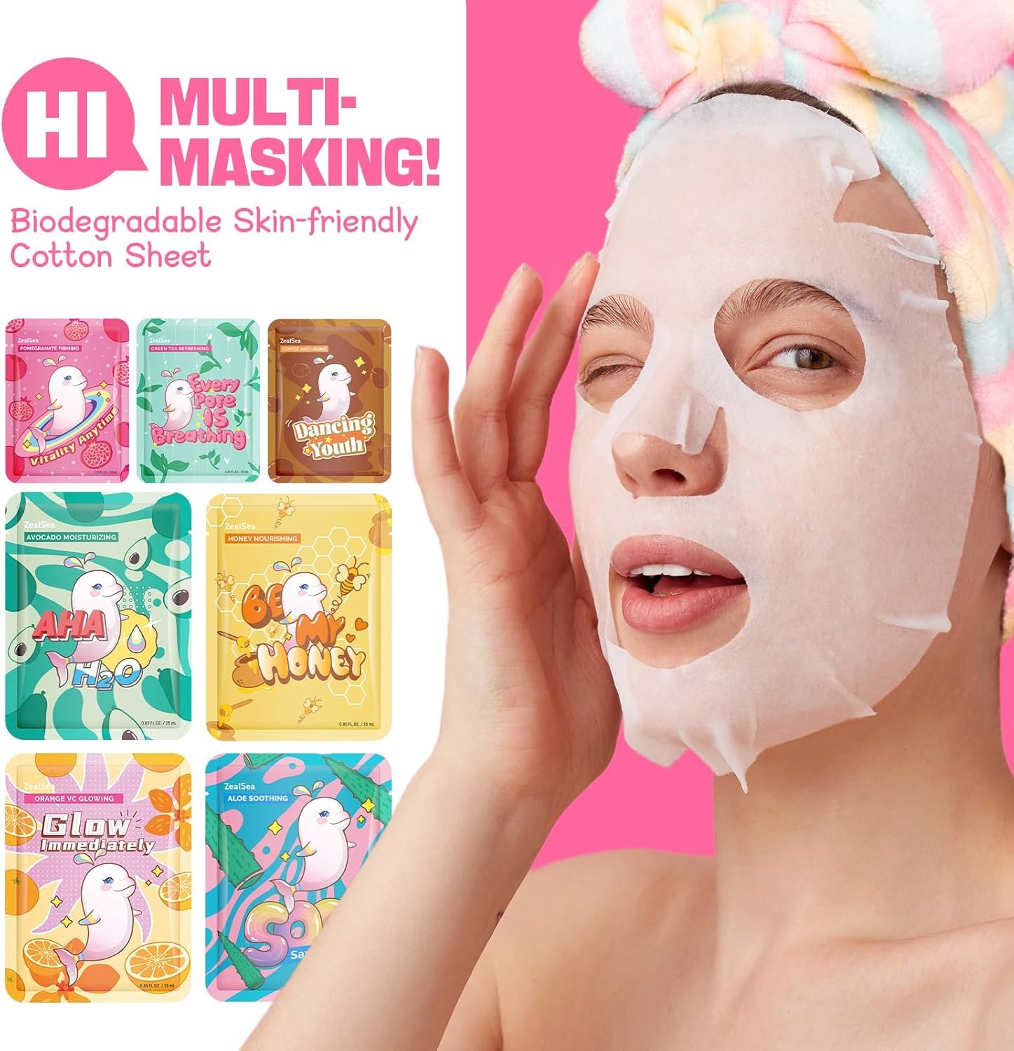 Face Masks Skincare, Face Mask Beauty, Hydrating Facial Masks, Zealsea Natural Sheet Mask, Pamper Gifts for Women, Party Birthday Gifts for Teenage Girls Kids, Biodegradable Sheets, Moisturizing 7pcs - Image 2