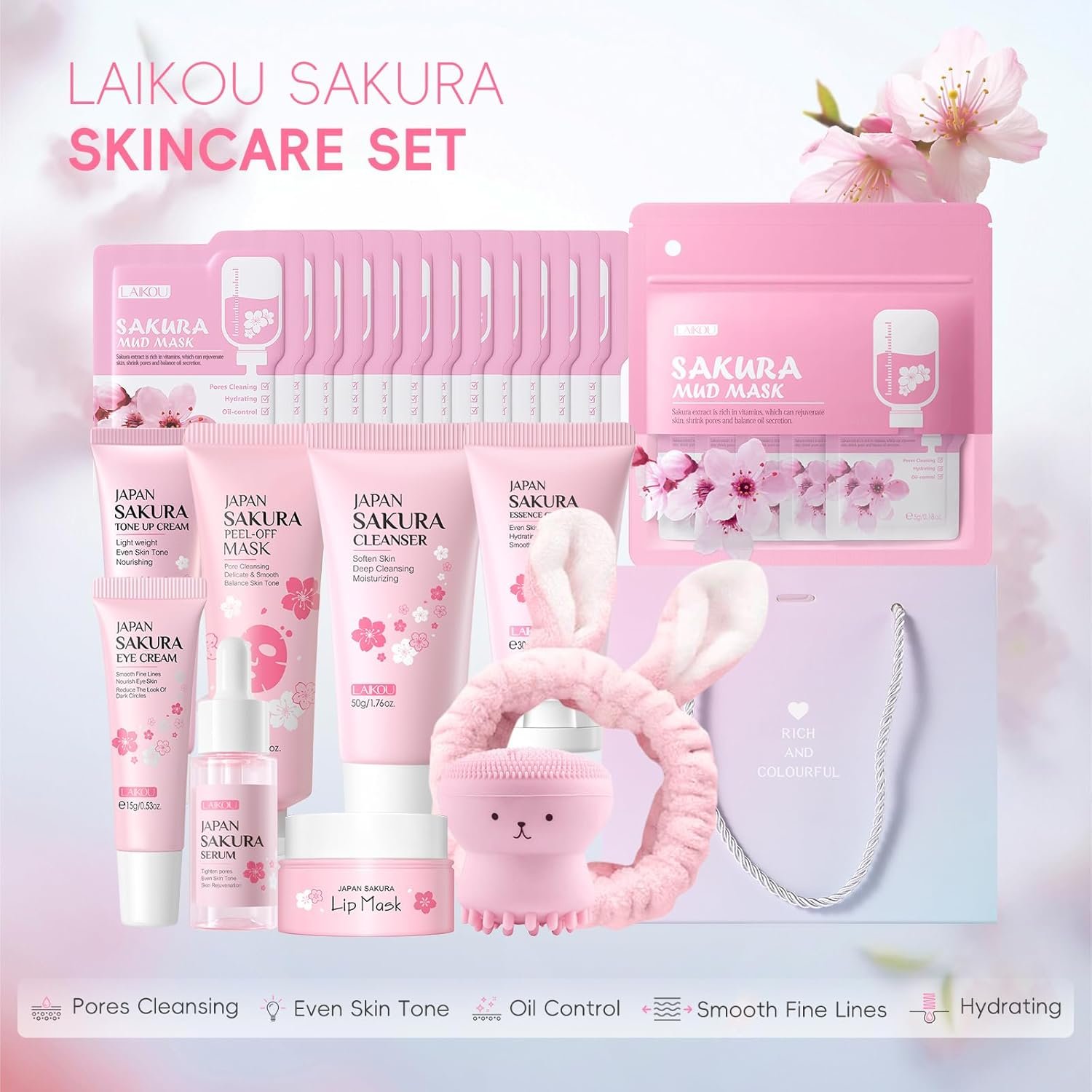 LAIKOU Sakura Skincare Set for Teen Girls, Complete 34PCS Face Care Kit, Christmas Pamper Gift Set for Women & Teenage Girls, Hydrating & Nourishing Travel-Friendly Daily Facial Skincare Routine - Image 2