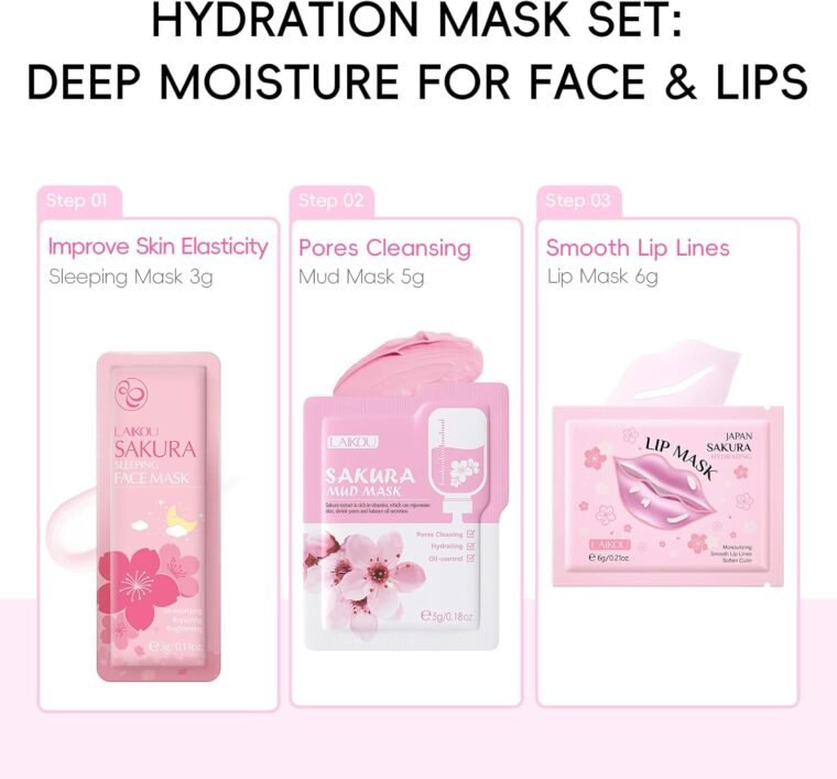 LAIKOU Skin Care for Teenage Girls, Sakura Skincare Set, Pamper Sets for Women Gifts, Facial Skin Care Sets & Kits - Toner,Cleanser,Face Serum,Cream,Sleep Mask,Eye Mask,Mud Mask,Lip Mask, 24PCS - Image 9