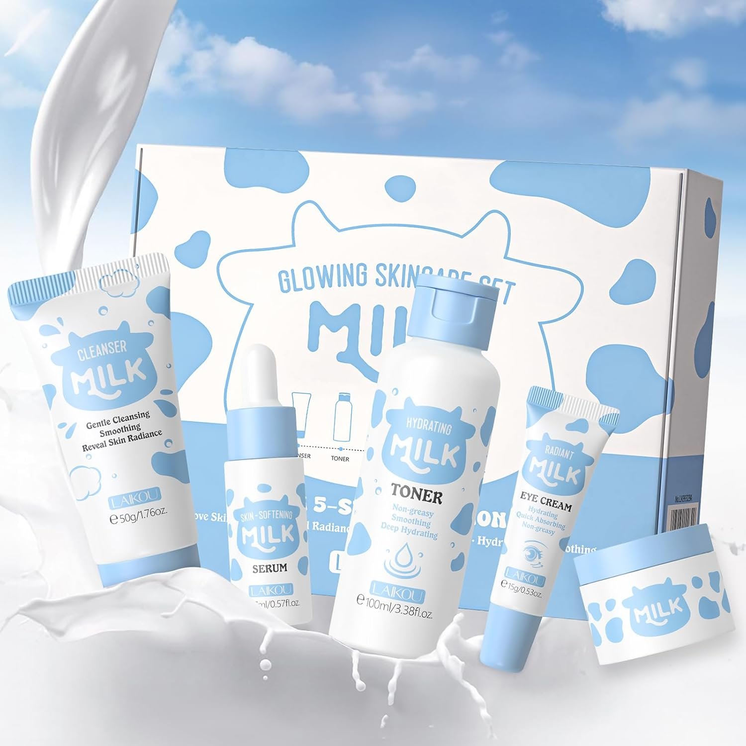 LAIKOU Milk Skincare Set, Nourishing Skin Care Sets & Kits Cleanser, Toner, Serum, Eye Cream & Moisturizer, Pamper Gift Set for Teenage Girls Women, Birthday Christmas Gift, Travel Sized, 5PCS