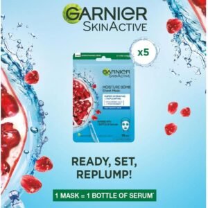 Garnier SkinActive Moisturising Tissue Mask, Moisturising and Firming, Pomegranate + Hyaluronic Acid, For Dehydrated Skin, Set of 5