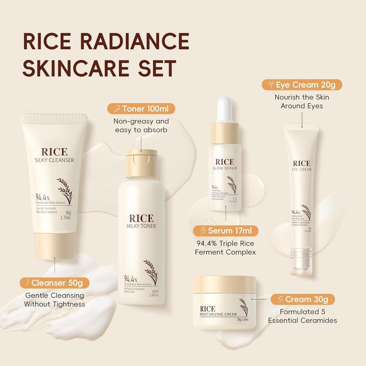 Rice Skin Care Set - 6 Piece Pamper Gifts For Women: Rice Milky Toner, Cleanser, Glow Serum, Face Cream, Eye Cream, Sunscreen SPF 50+ - Radiant Glow, Sensitive Skin Relief & Even Tone, Korean Skincare - Image 7