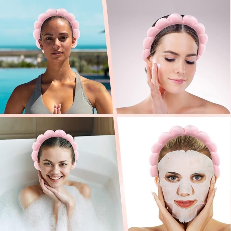Ycfish Puffy Makeup Headband Spa Headbands for Women Sponge & Terry Towel Cloth Fabric Cute Skincare Headband for Face Washing, Makeup Removal, Shower, Facial Mask (Pink) - Image 9