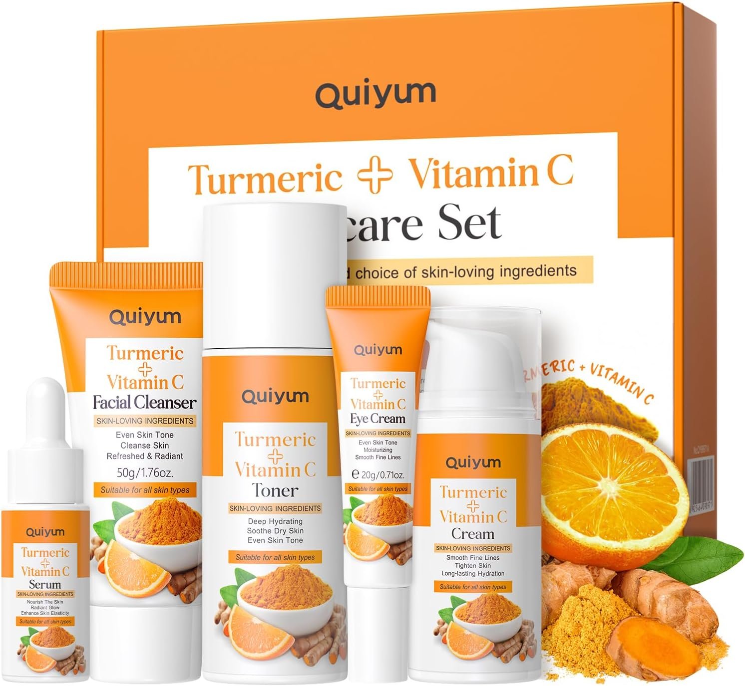 Quiyum Turmeric Vitamin C Skincare Set, Face Skin Care Sets & Kits Facial Cleanser,Toner,Serum,Eye Cream,Face Cream, Pamper Gift Set for Women Teenage Girls Mom Birthday, Travel Kit for All Skin Types