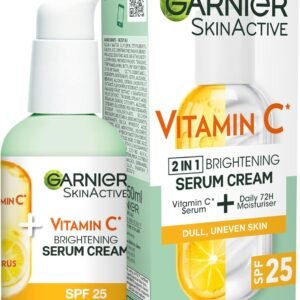 Garnier Vitamin C Serum Cream, 2in1 Formula With 20% Vitamin C serum & SPF 25 Moisturiser, Hydrate & Reveal Bright Glowing Skin, Organic & Vegan Formula, 50ml