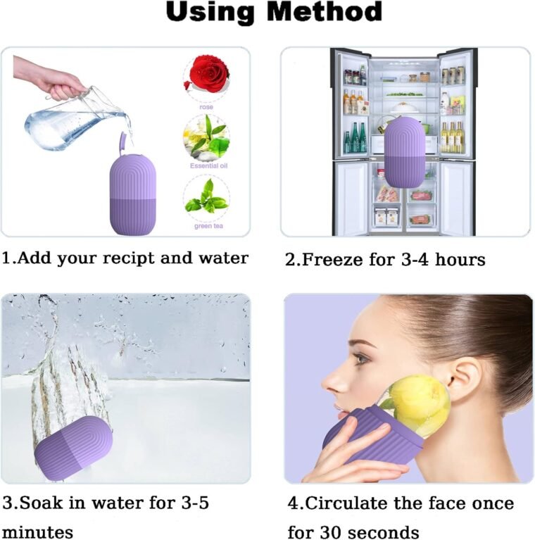 Joyeee Ice Face Roller, Reusable Silicone Mold Face Massage Eye Facial Beauty Skin Care Tools Apply Ice for Shrink Pores Anti Wrinkle Reduce Puffiness Improve Skin Elasticity, Striped, Purple - Image 3