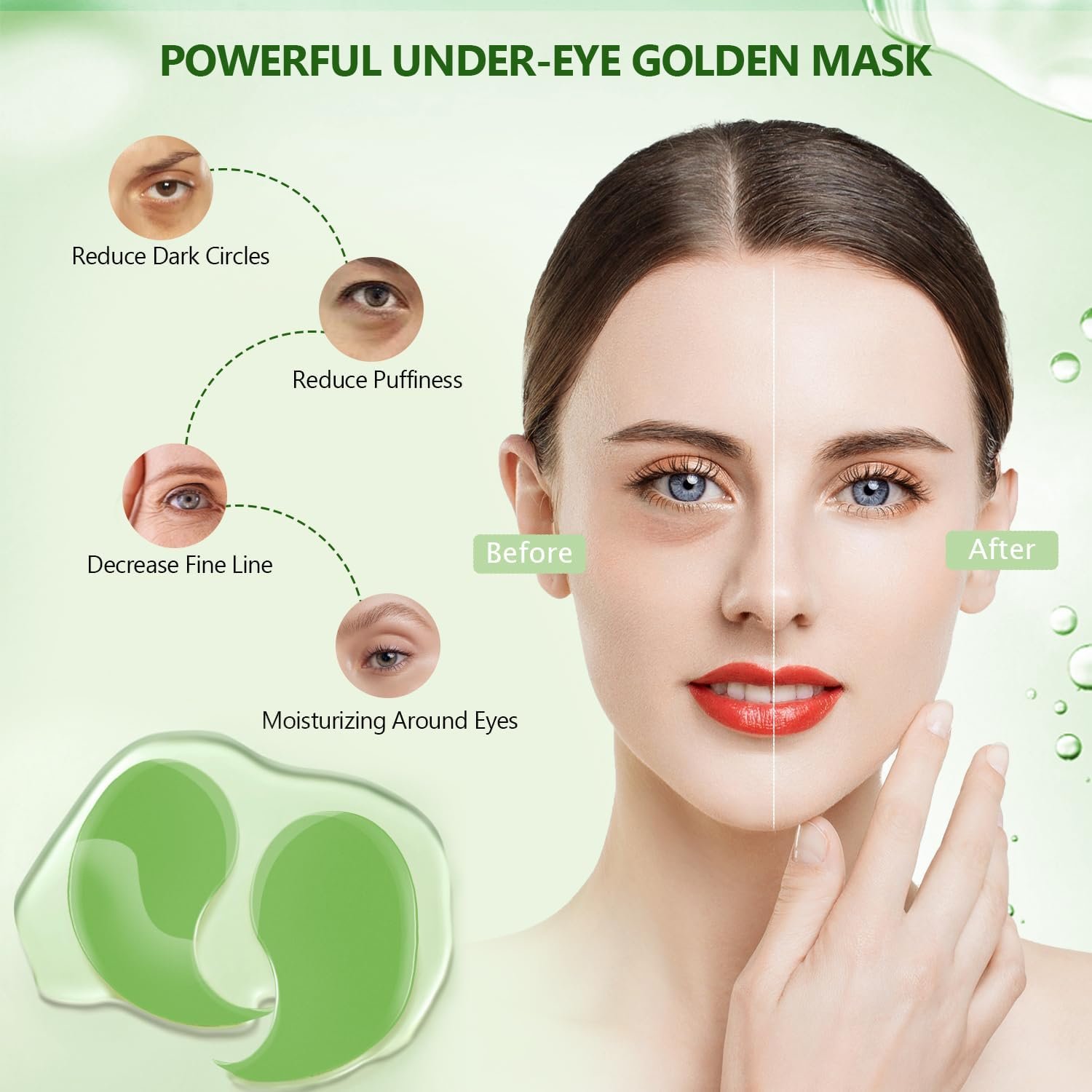 Green Gold Undereye Mask (60 Pcs), Collagen Hydrating Gel Pads, Reduce Puffiness, 30 Pairs Under Eye Patches for Dark Circles Puffy Eyes Treatment, Wrinkle, Women Men Beauty Personal Skin Care Product - Image 4