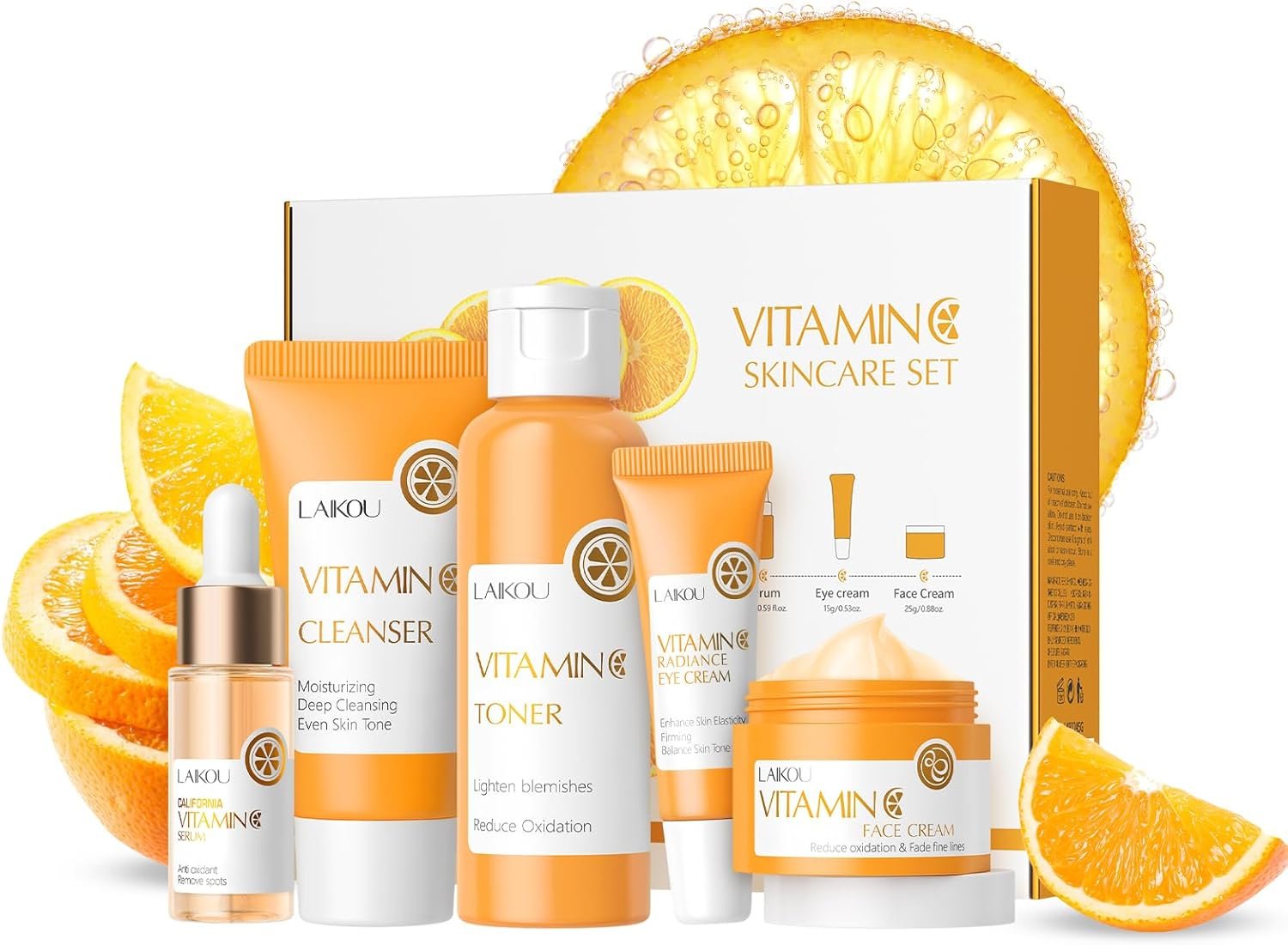 LAIKOU Skincare Set, Vitamin C Serum for Face Skin Care Sets & Kits - Cleanser, Toner, Serum, Eye Cream & Face Cream, Facial Care Kit for Radiant Skin, Anti Aging Gift Set for Women Teenage Girls 5pcs
