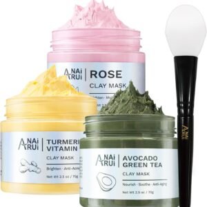 ANAiRUi Clay Mask Set for Skin Care - included Turmeric Vitamin C + Rose + Avocado Green Tea Face Mask - Deep Cleansing, Hydrating, and Nourishing - For Women and Men, 210g