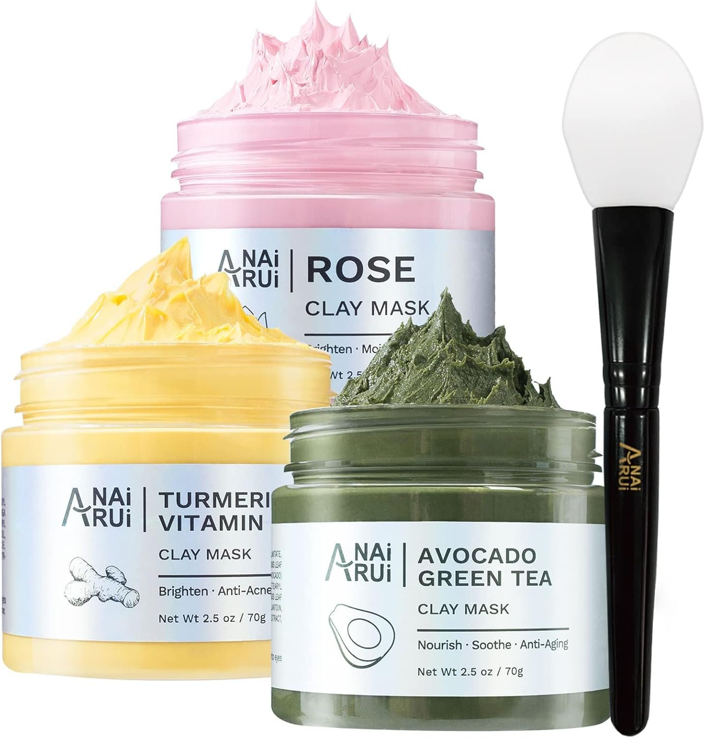 ANAiRUi Clay Mask Set for Skin Care - included Turmeric Vitamin C + Rose + Avocado Green Tea Face Mask - Deep Cleansing, Hydrating, and Nourishing - For Women and Men, 210g