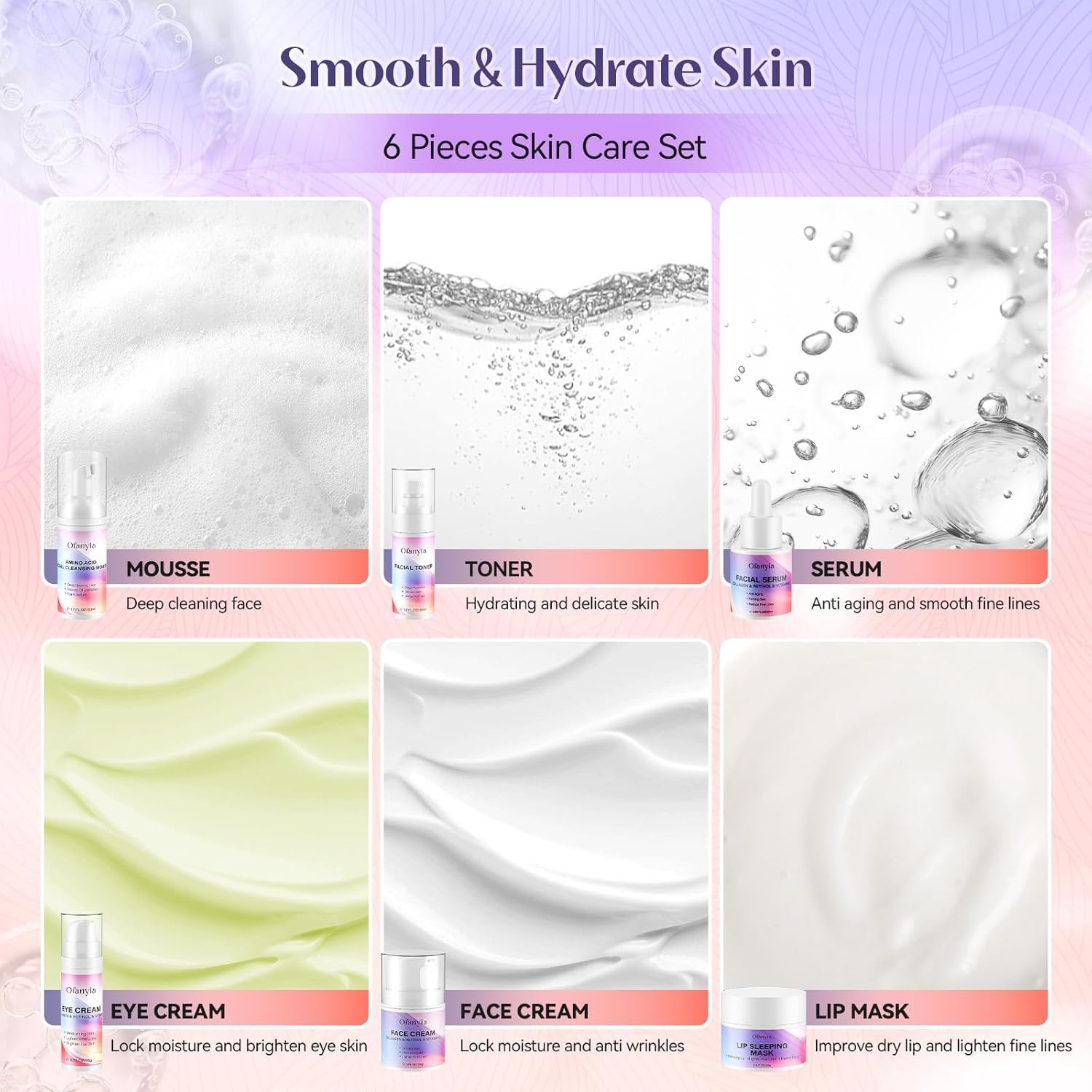 Ofanyia Collagen & Retinol Skin Care Set, 6 In 1 Skincare Gift Set with Facial Cleanser, Toner, Serum, Cream, Eye Cream & Lip Mask, Anti-Aging Travel Size Skin Care Set - Image 5