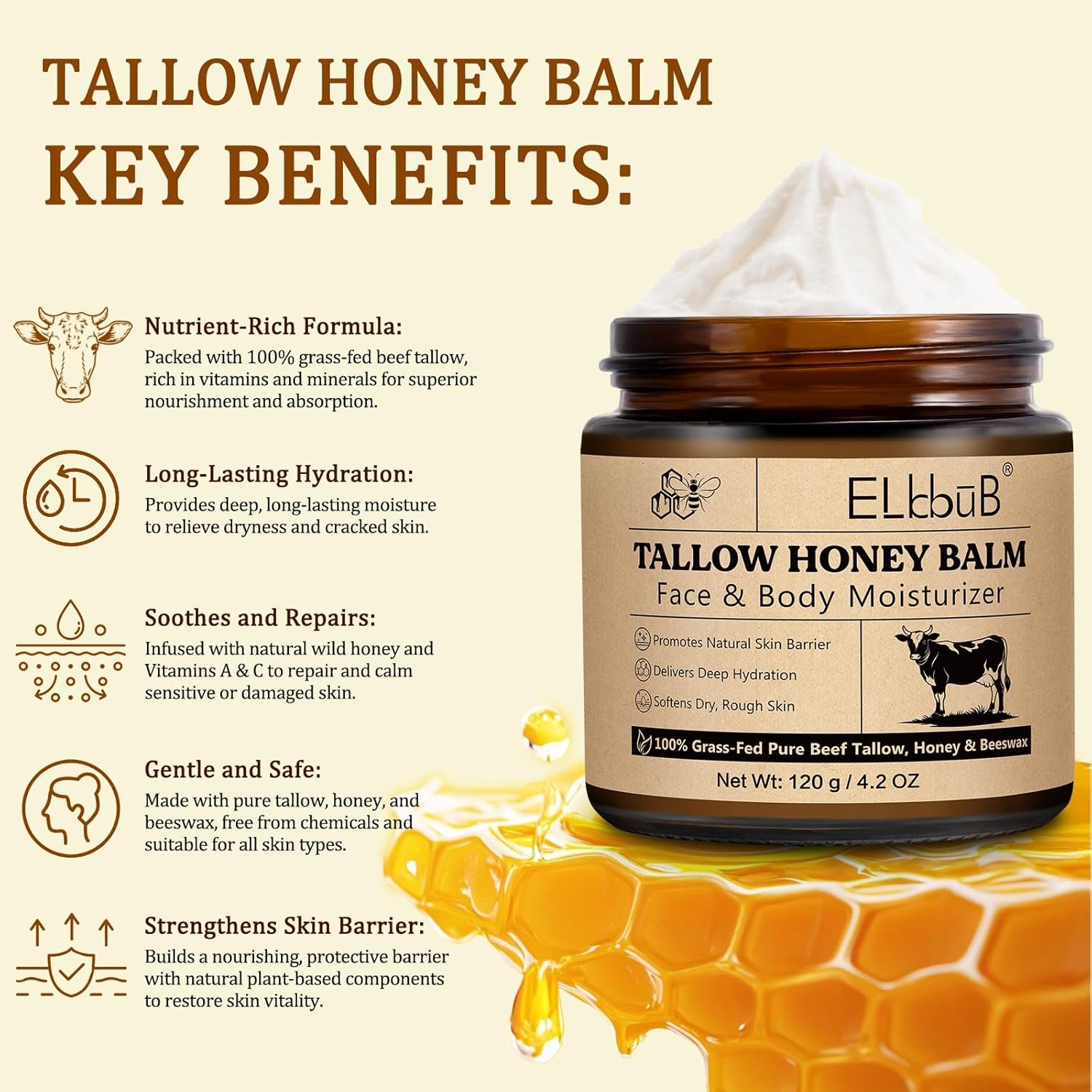 120g beef tallow, beef tallow skin care, Tallow and Honey Cream, Natural Tallow Face Moisturizer, Organic Hydrating Beef Tallow Balm Deeply Moisturizing for Face & Body Skin Care. - Image 7