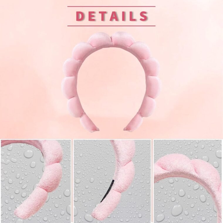 Ycfish Puffy Makeup Headband Spa Headbands for Women Sponge & Terry Towel Cloth Fabric Cute Skincare Headband for Face Washing, Makeup Removal, Shower, Facial Mask (Pink) - Image 4