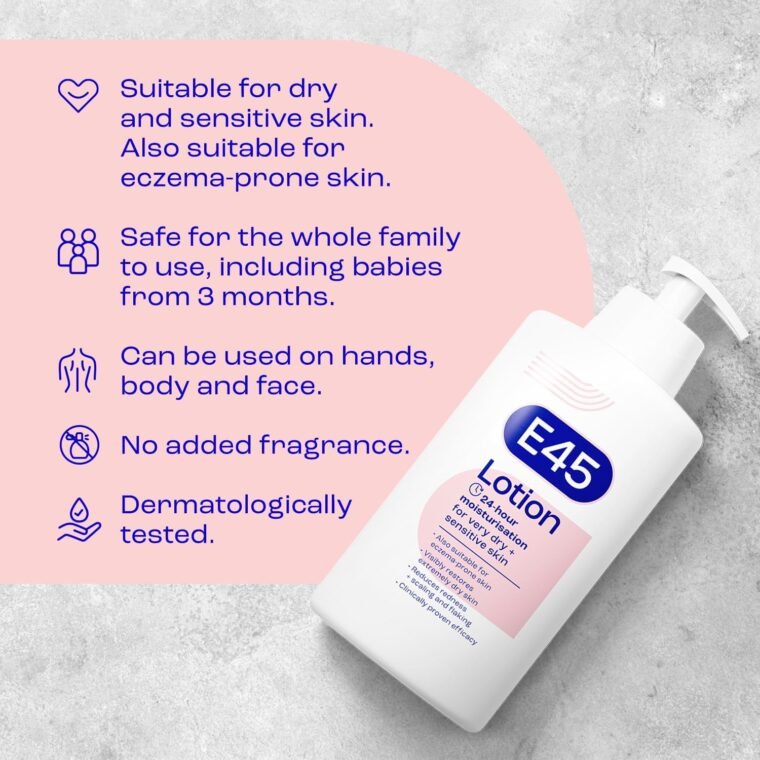E45 Moisturising Lotion 500 ml for Dry & Sensitive Skin - Long-Lasting Hydration Protect from Dryness, Reduce Redness - Dermatological Body Moisturiser Lotion - Body Lotion - Daily Moisturiser - Image 5
