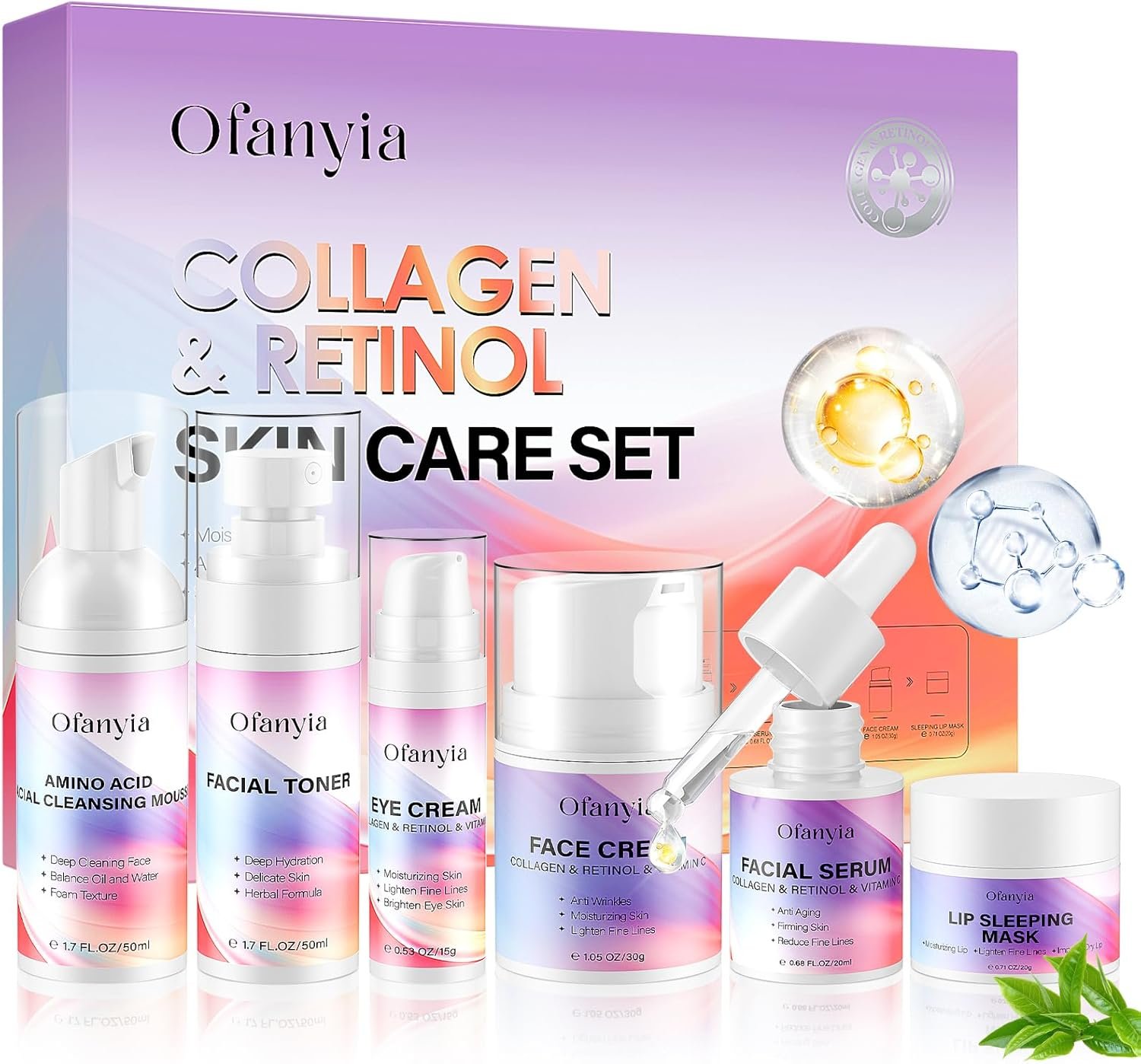 Ofanyia Collagen & Retinol Skin Care Set, 6 In 1 Skincare Gift Set with Facial Cleanser, Toner, Serum, Cream, Eye Cream & Lip Mask, Anti-Aging Travel Size Skin Care Set