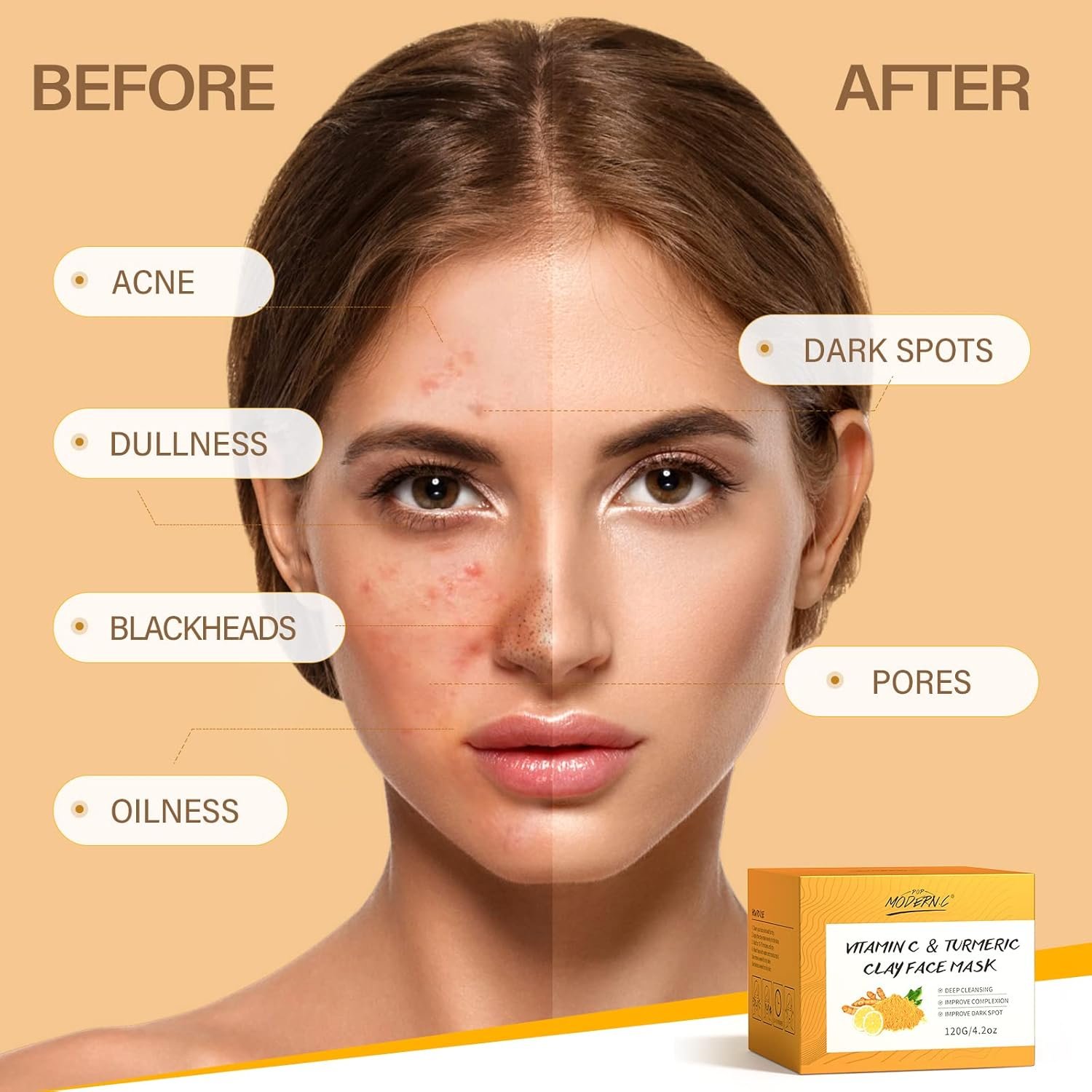 Turmeric Vitamin C Clay Mask Deep Cleansing Face Mask Skin Care Improve Blackheads Acne Dark Spots and Even out skin tone Facial Mask Control Oil and Refining Pores - Image 5