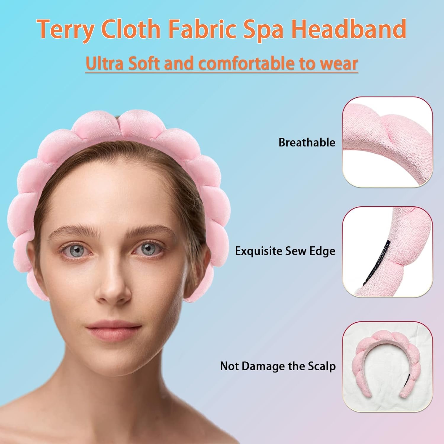 Ycfish Puffy Makeup Headband Spa Headbands for Women Sponge & Terry Towel Cloth Fabric Cute Skincare Headband for Face Washing, Makeup Removal, Shower, Facial Mask (Pink) - Image 6