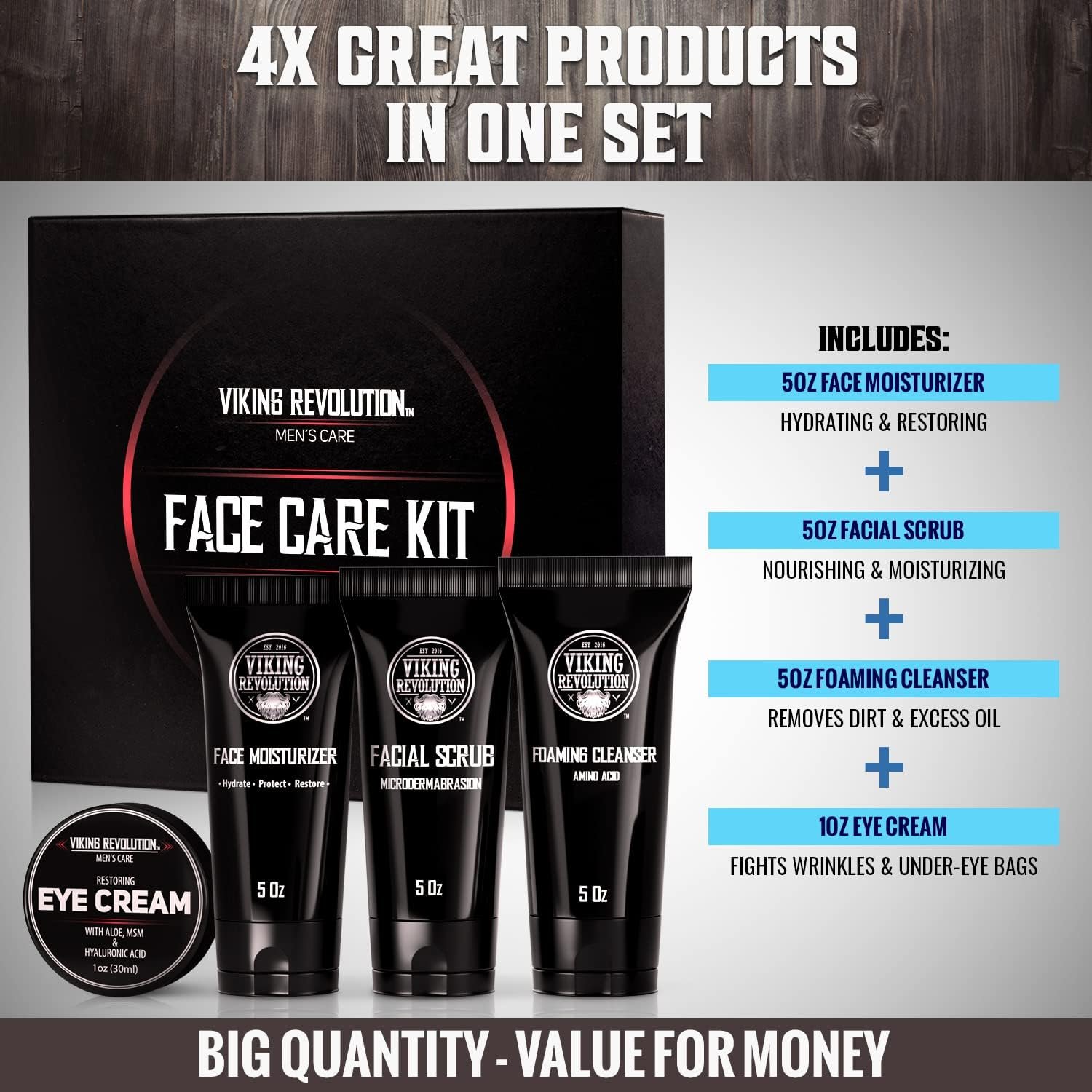 Viking Revolution - Mens Skincare Kit - Includes (148ml Each) Mens Face Moisturiser, Mens Face Wash, Mens Face Scrub and Mens Eye Cream (30ml) - Mens Skincare Gift Set - Gifts For Men - Image 4