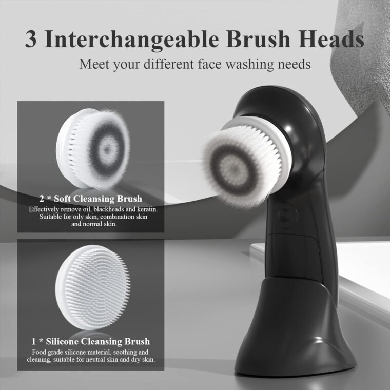 TOUCHBeauty Facial Cleansing Brush for Men, Face Cleansing Brush Electric with Stand, 3 Brush Heads, 2 Speeds, IPX5 Waterproof, Battery-Powered, Suitable for All Skin Types, AG-0759M - Image 4