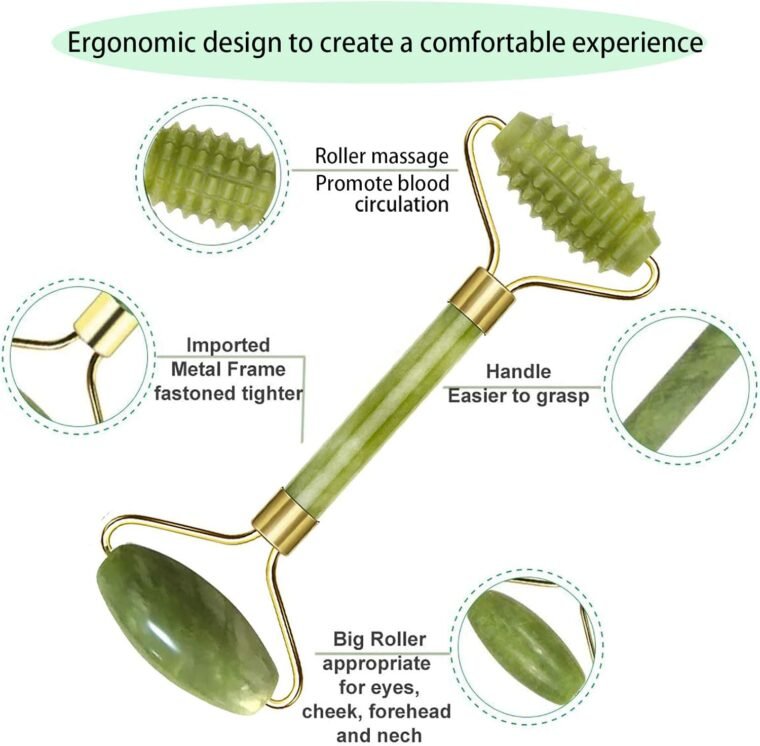 【3 PCS】Jade Roller & Gua Sha Massage Kits, LauCentral Natural Anti-Aging Face Roller for Eye Puffiness Treatment, Skin Tightening, Rejuvenate Face & Neck, Natural Green Massager - Image 3